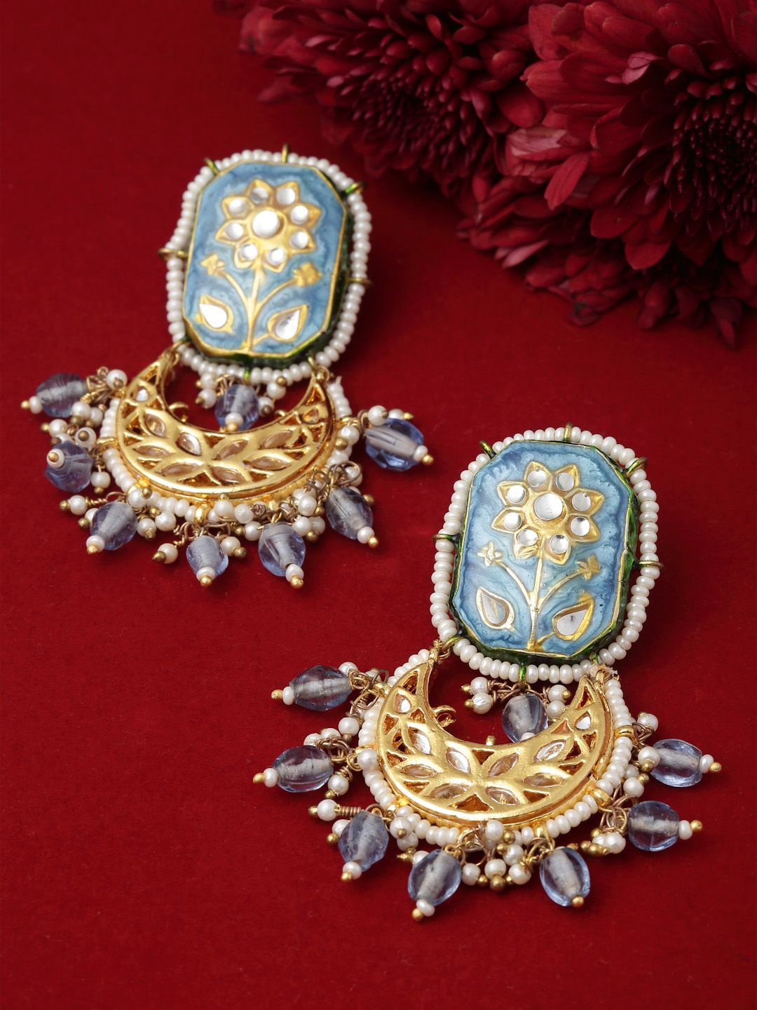 

DUGRISTYLE Neel Gold-Plated Stones Studded & Beaded Contemporary Shaped Drop Earrings