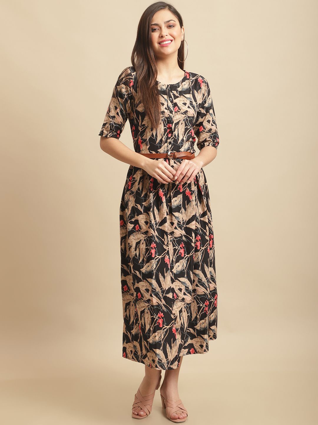 

Metronaut Floral Print Fit & Flare Midi Dress, Brown