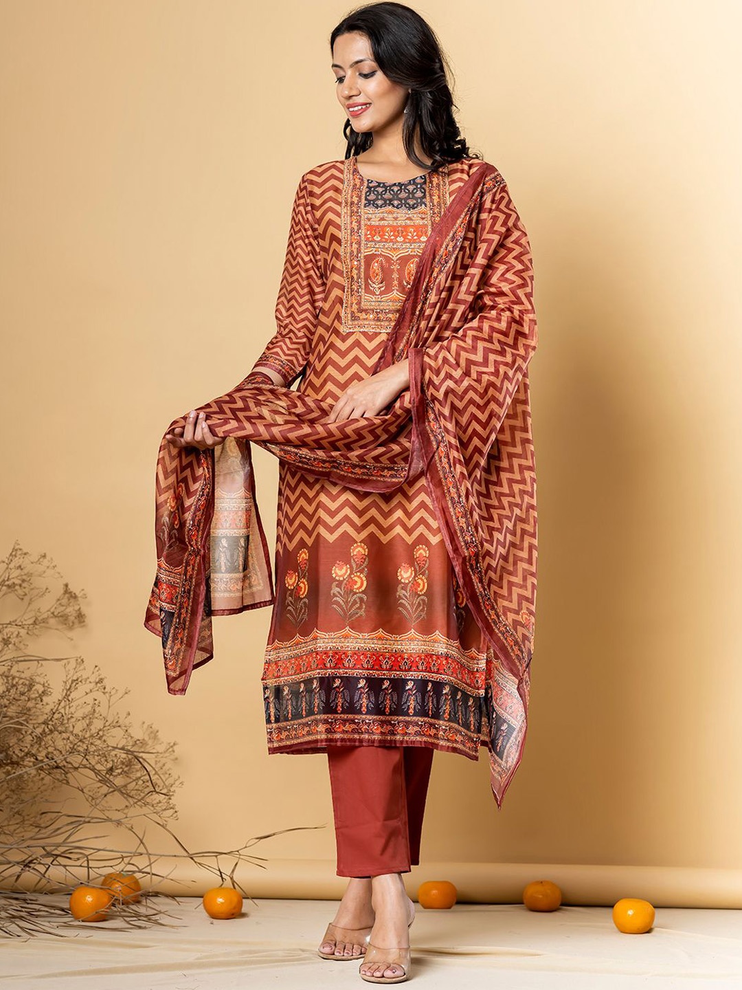 

Readiprint Chevron Printed Pure Silk Straight Kurta With Trousers & Dupatta, Brown