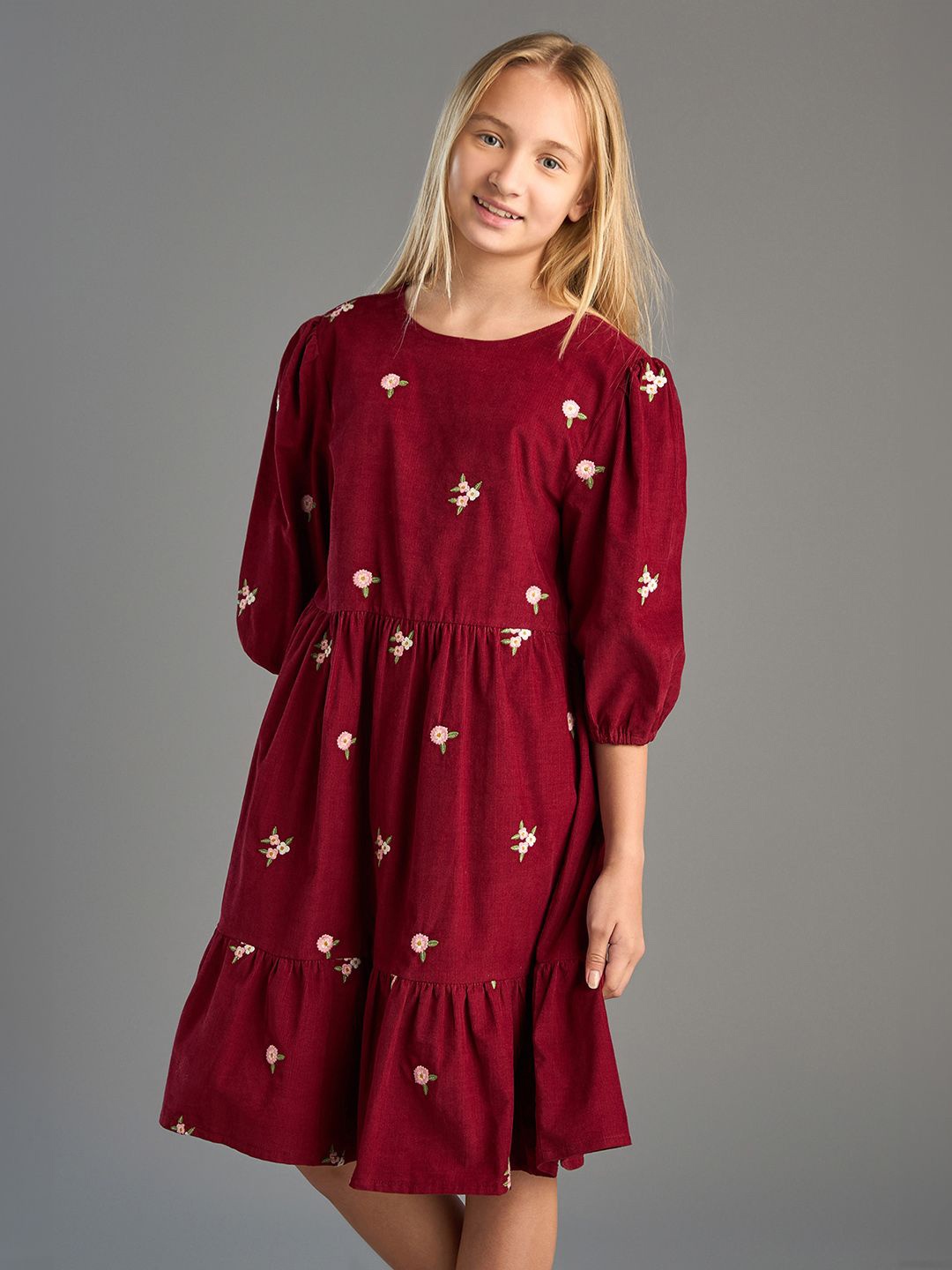 

max Girls Cotton Floral Embroidered Puff Sleeve Fit & Flare Dress, Red
