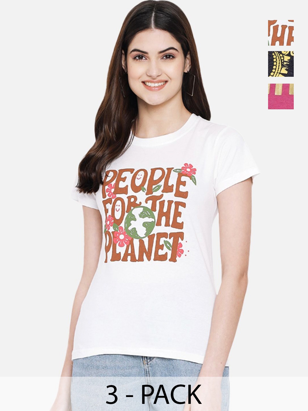 

Dreambe Women Pack Of 3 Graphic Printed Round Neck Cotton T-shirts, White