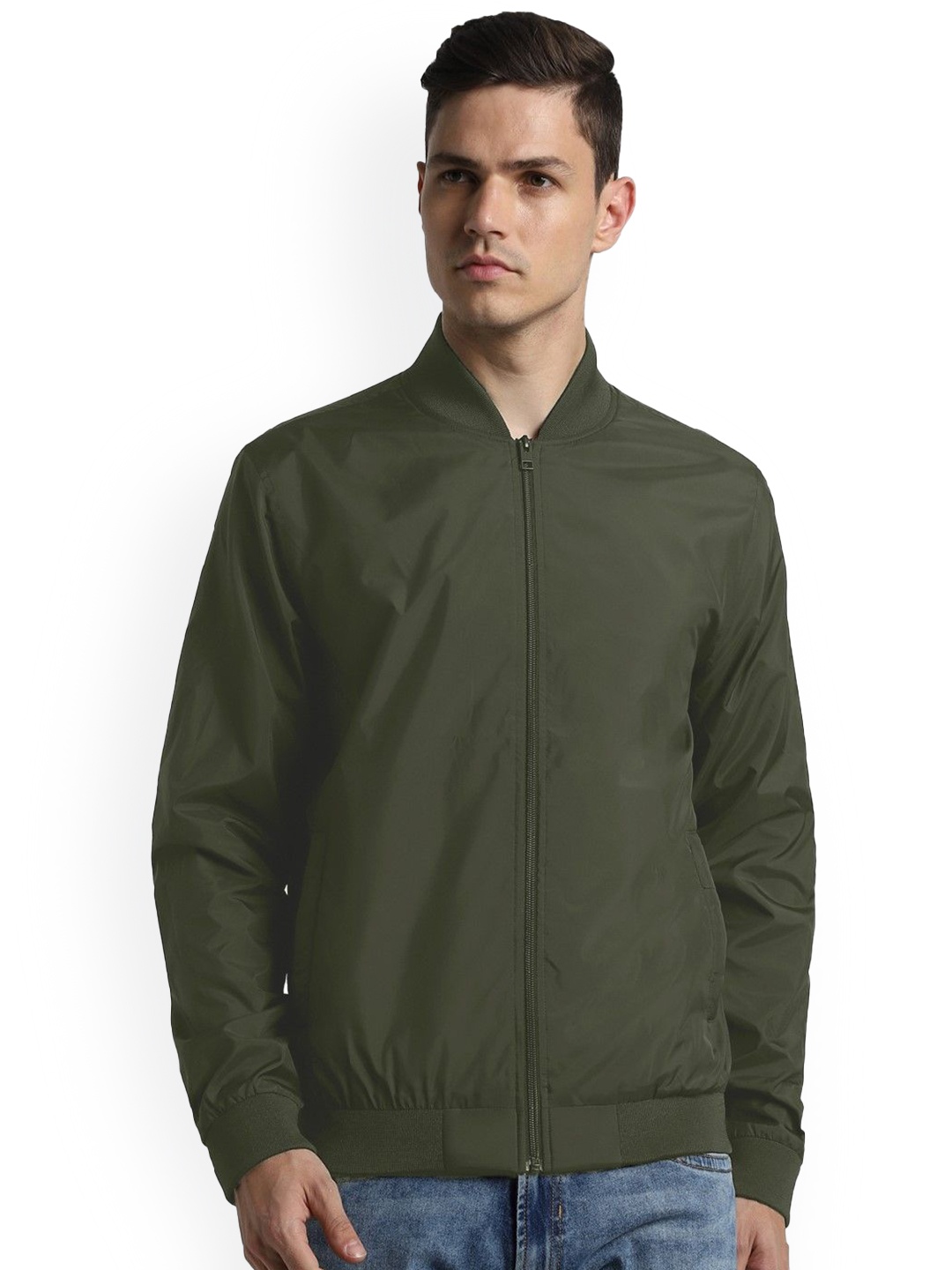 

Jack & Jones Men Stand Collar Solid Casual Windcheater Bomber Jacket, Green