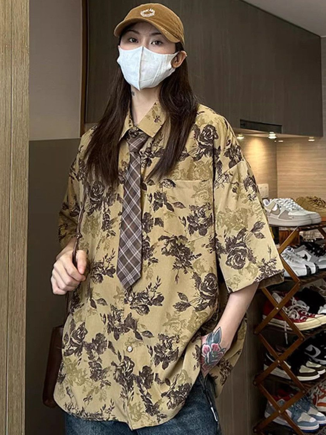 

DressBerry Women Floral Printed Longline Oversized Casual Shirt, Beige