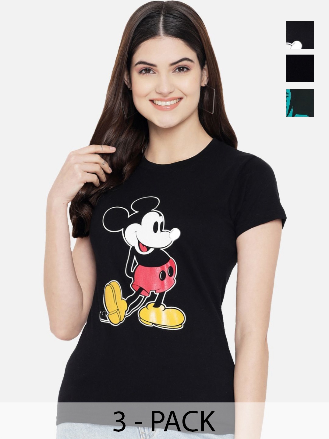 

Dreambe Women Pack Of 3 Mickey Mouse Graphic Printed Round Neck Cotton T-shirts, Black