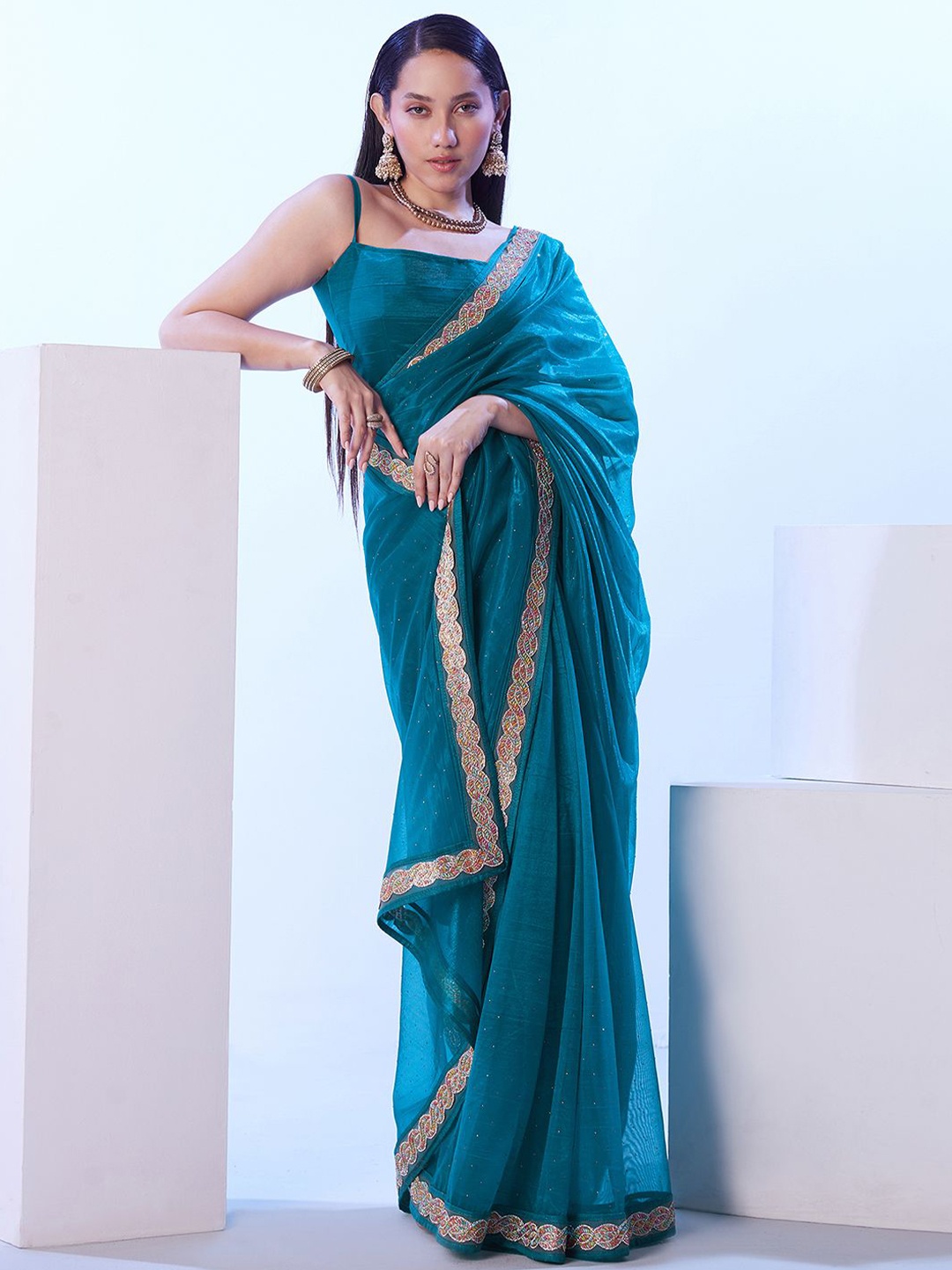 

Satrani Beads and Stones Supernet Saree, Blue