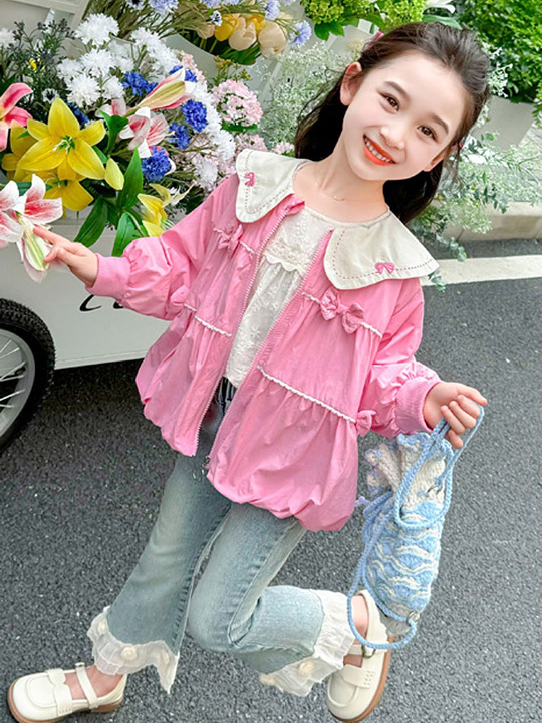 

LULU & SKY Girls Solid Pleated Peter Pan Collar Top, Pink