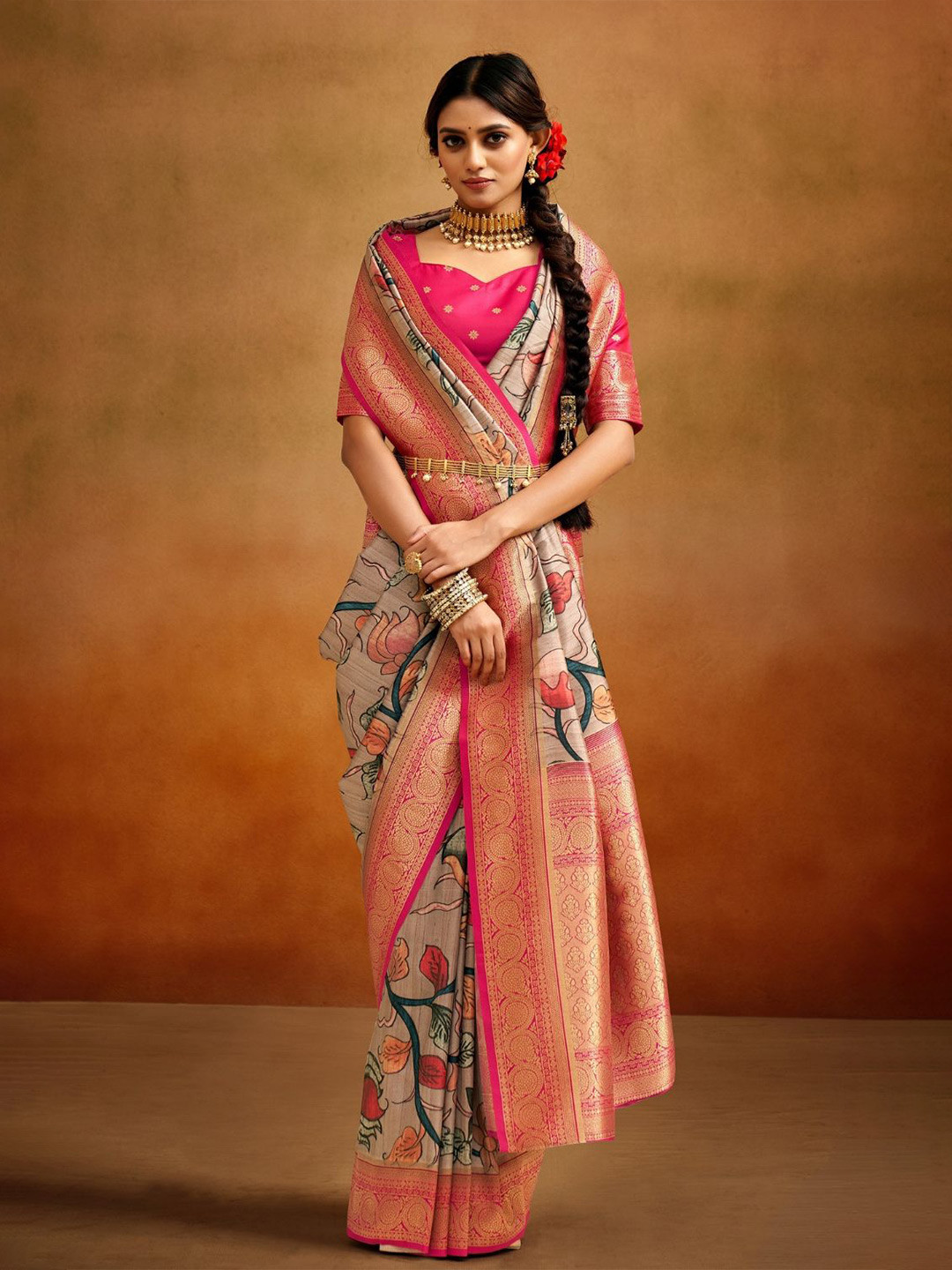 

DEVATITHI Multi Tussar Silk Kalamkari Saree, Pink