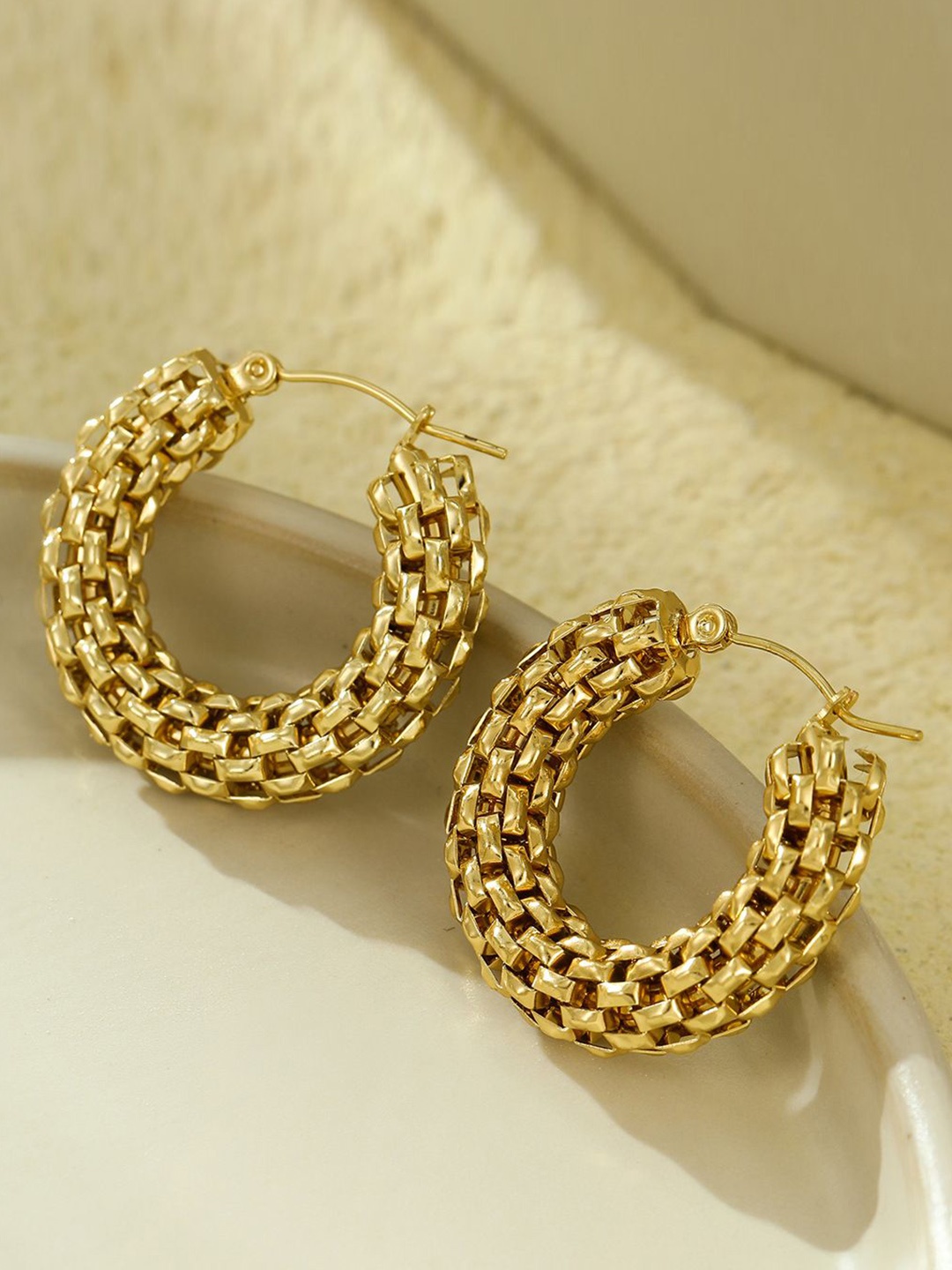 

MEENAZ Stainless Steel Gold-Plated Circular Shaped Anti Tarnish Bali Hoop Earrings