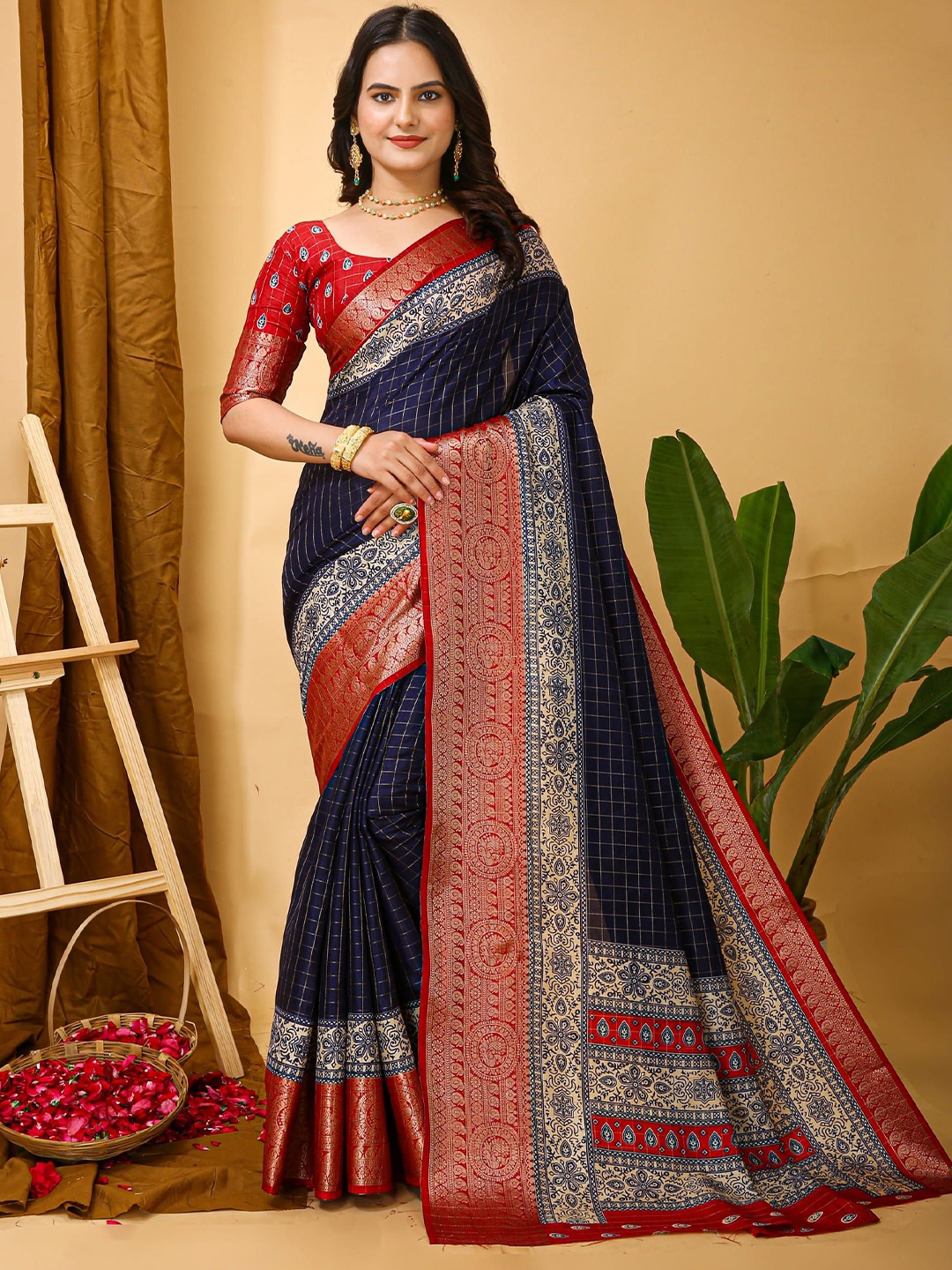 

KALINI Checked Zari Art Silk Banarasi Saree, Blue