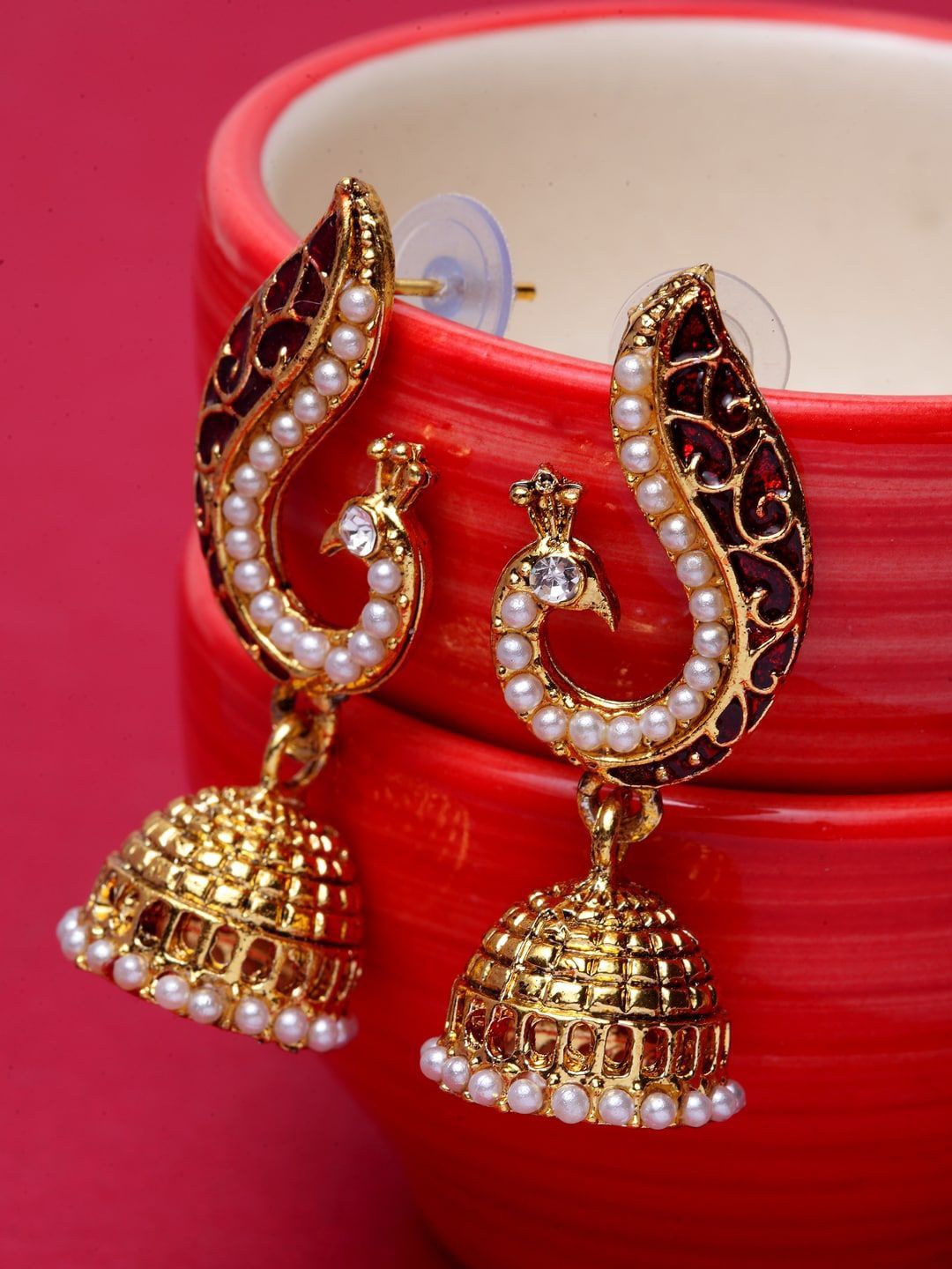 

Anouk Gold-Plated Pearls & Stone Studded Meenakari Peacock Shaped Jhumkas Earrings