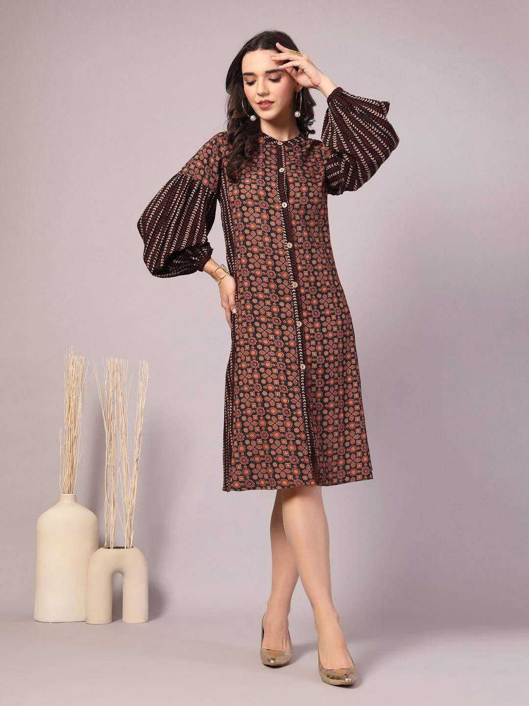 

KALINI Ethnic Motifs Print Bishop Sleeve A-Line Dress, Maroon