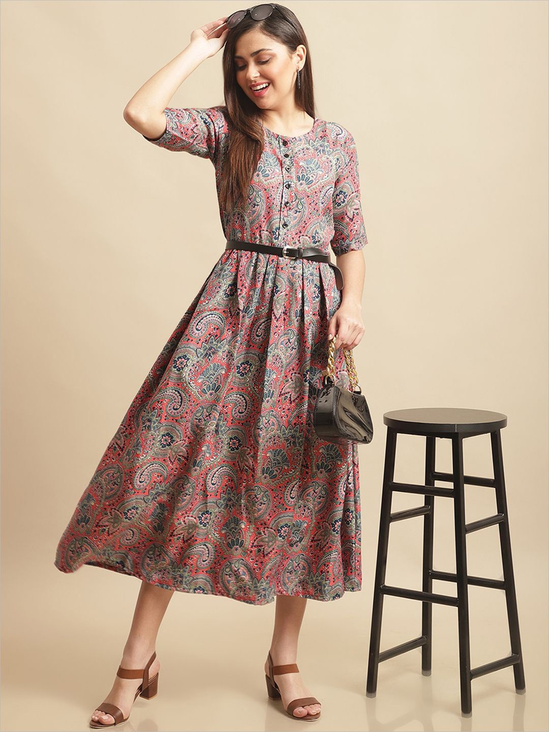 

Metronaut Women's Floral Printed Fit & Flare Round Neck Midi Dress, Pink