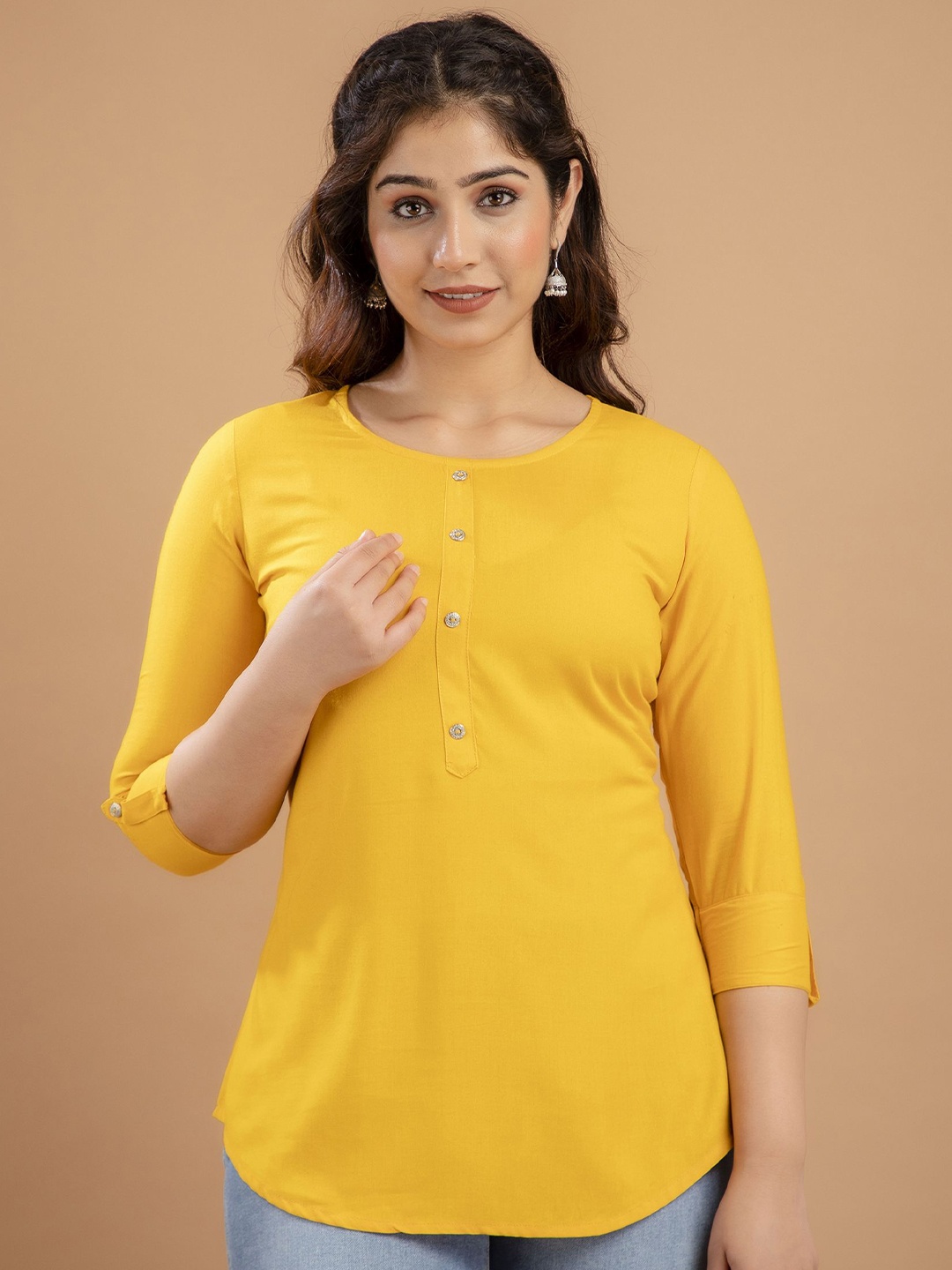 

AVAYAYAT Women Solid Round Neck Top, Yellow