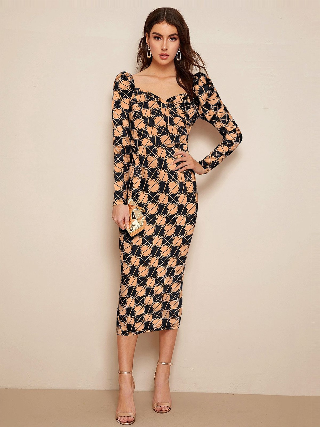 

DressBerry Women Puff Sleeve Bodycon Midi Dress, Black