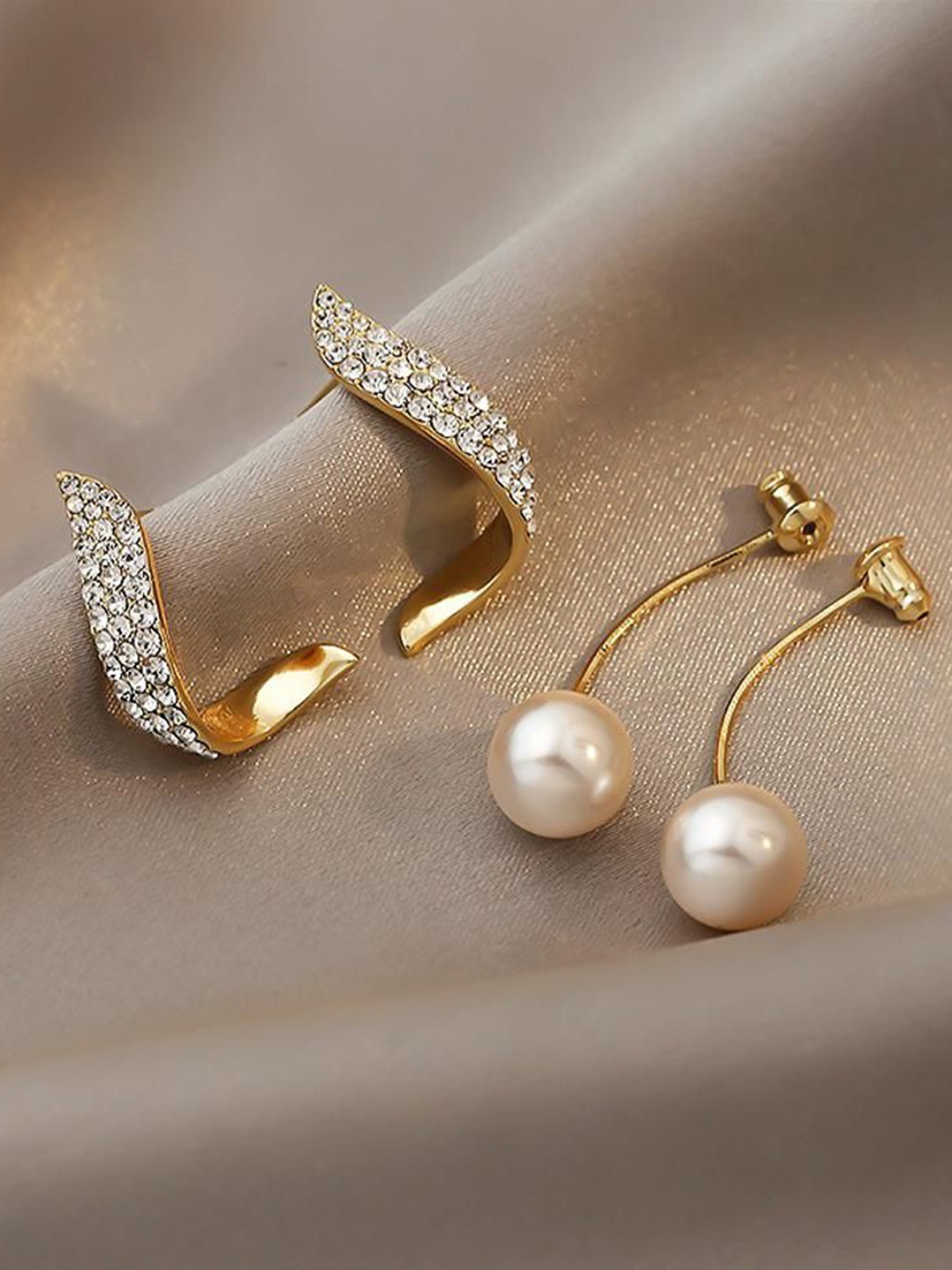 

Celestique Artificial Stones Studded and Pearls Beaded Contemporary Korean Drop Earrings, Gold