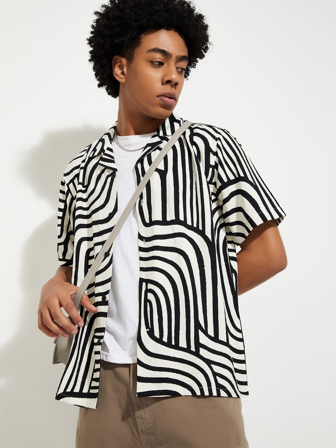 

max Men Cuban Collar Abstract Printed Casual Shirt, White
