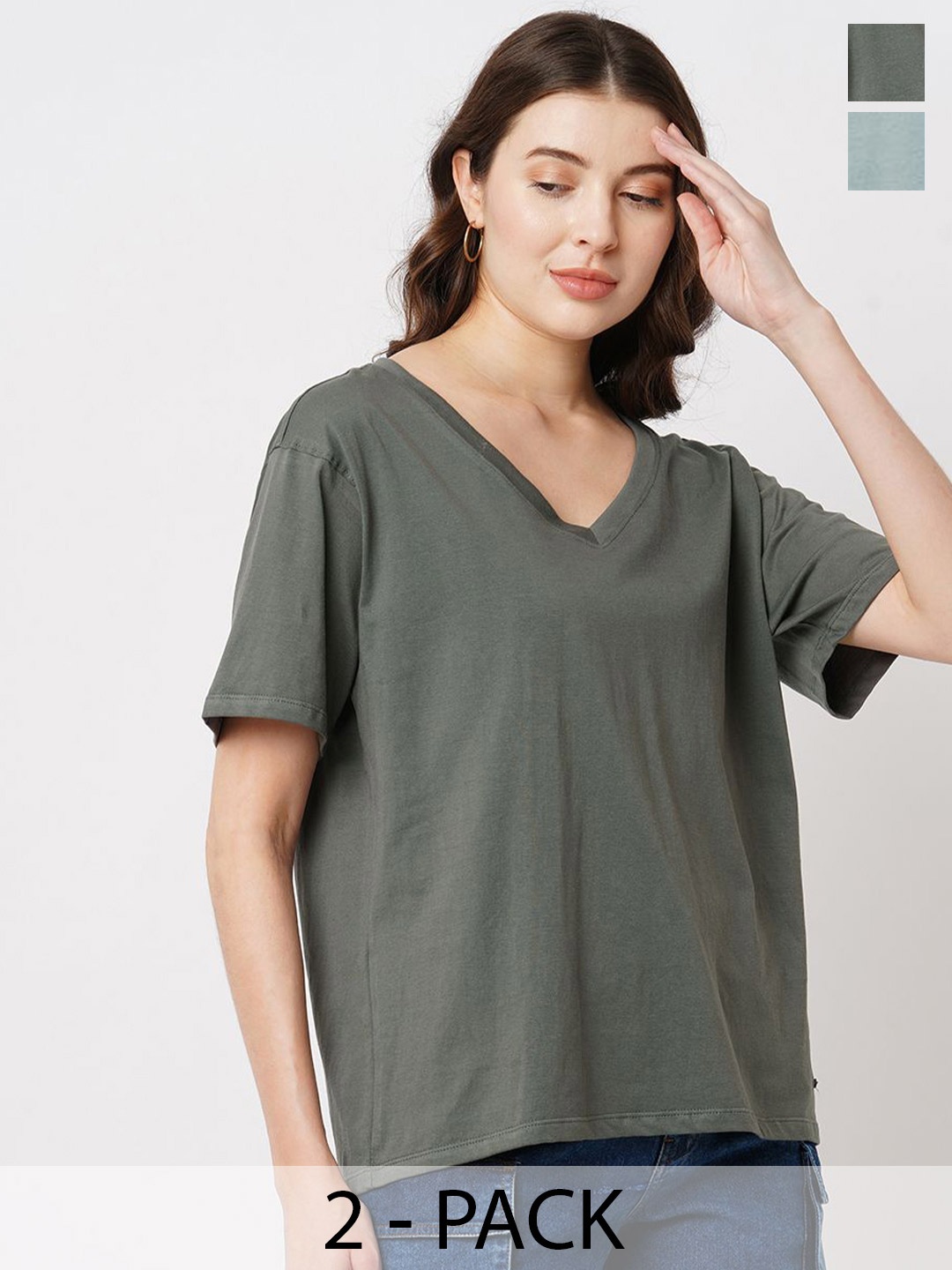 

The Roadster Lifestyle Co. Women Pack Of 2 Solid V-Neck Cotton T-shirts, Olive