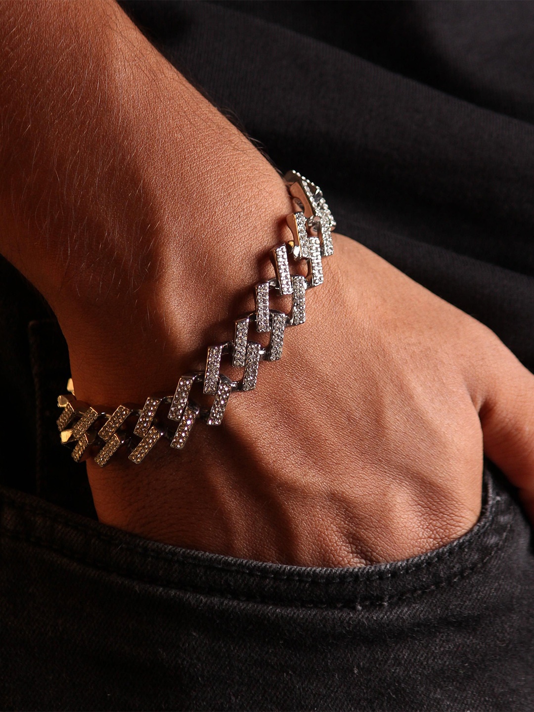 

LOCAL PITARA Men Stainless Steel Rhodium-Plated Cubic Zirconia Studded Link Bracelet, Silver