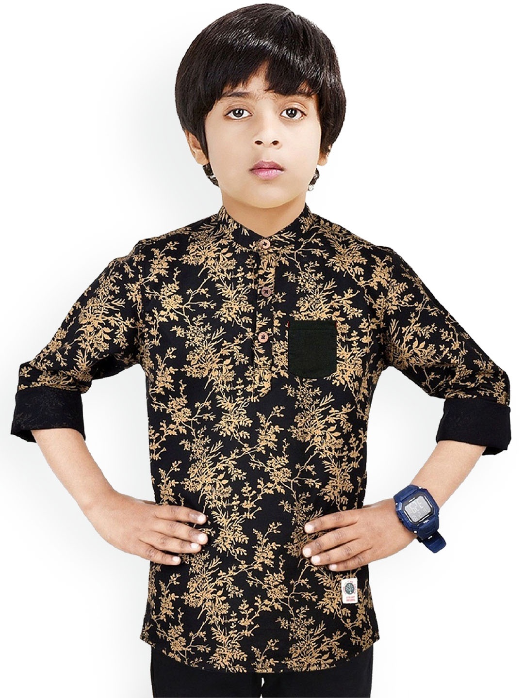 

MADE IN THE SHADE Boys Floral Printed Band Collar Pue Cotton Straight Kurtas, Black
