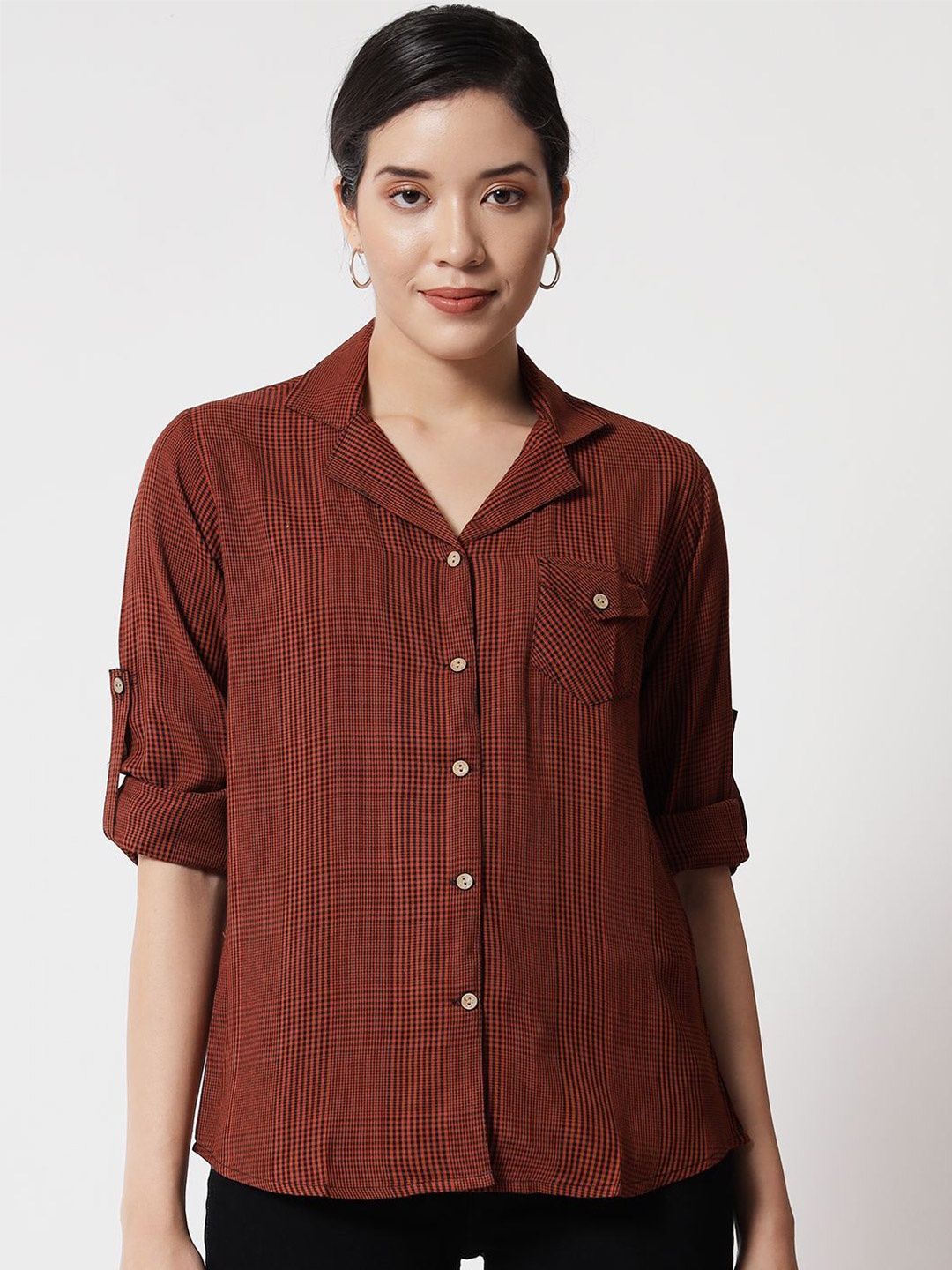 

ANGOORI FASHION Women Straight Fit Cuban Collar Checked Cotton Casual Shirt, Red