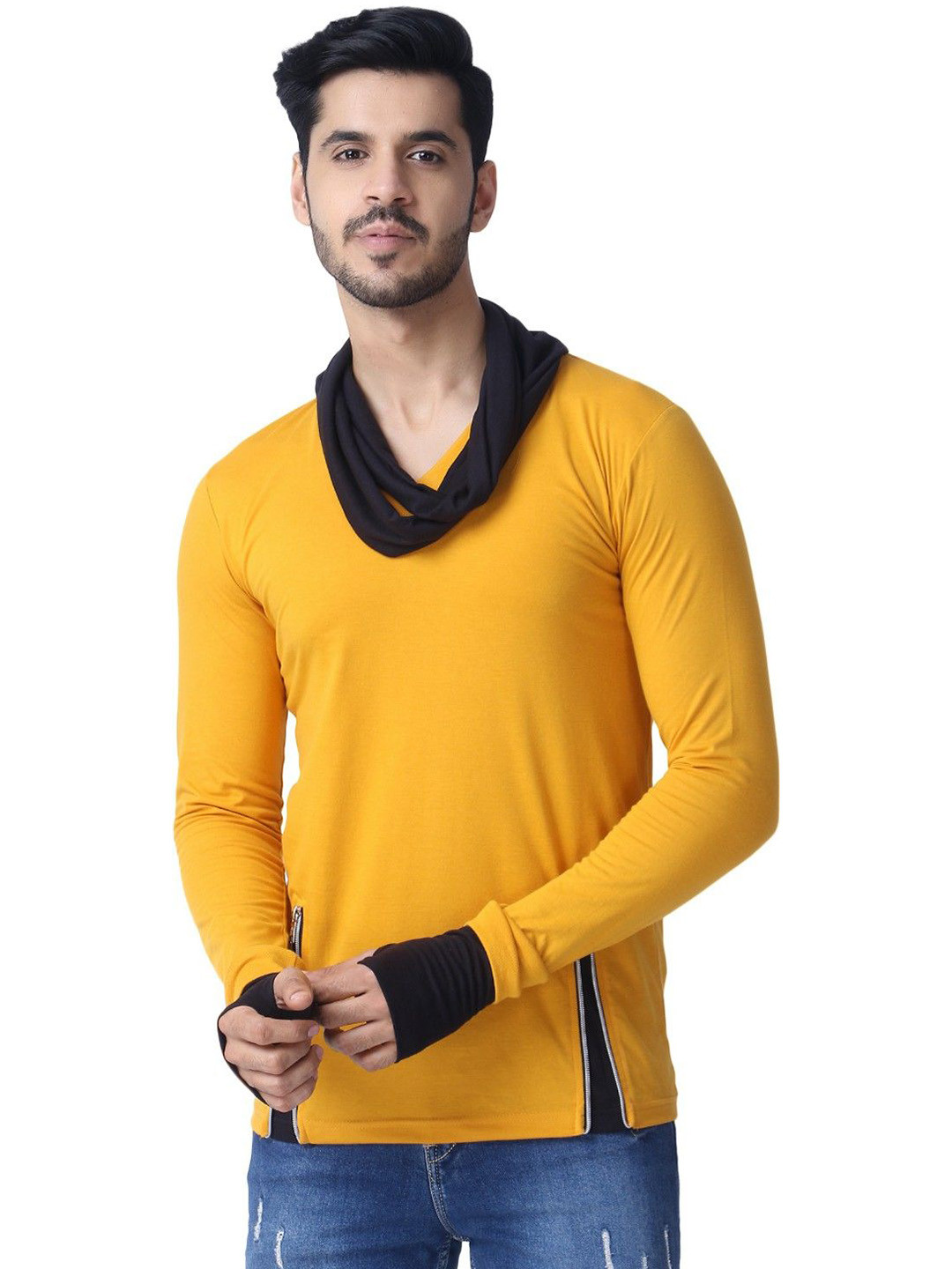 

Black Collection Men Solid Cowl Neck Cotton Slim Fit T-shirt, Yellow