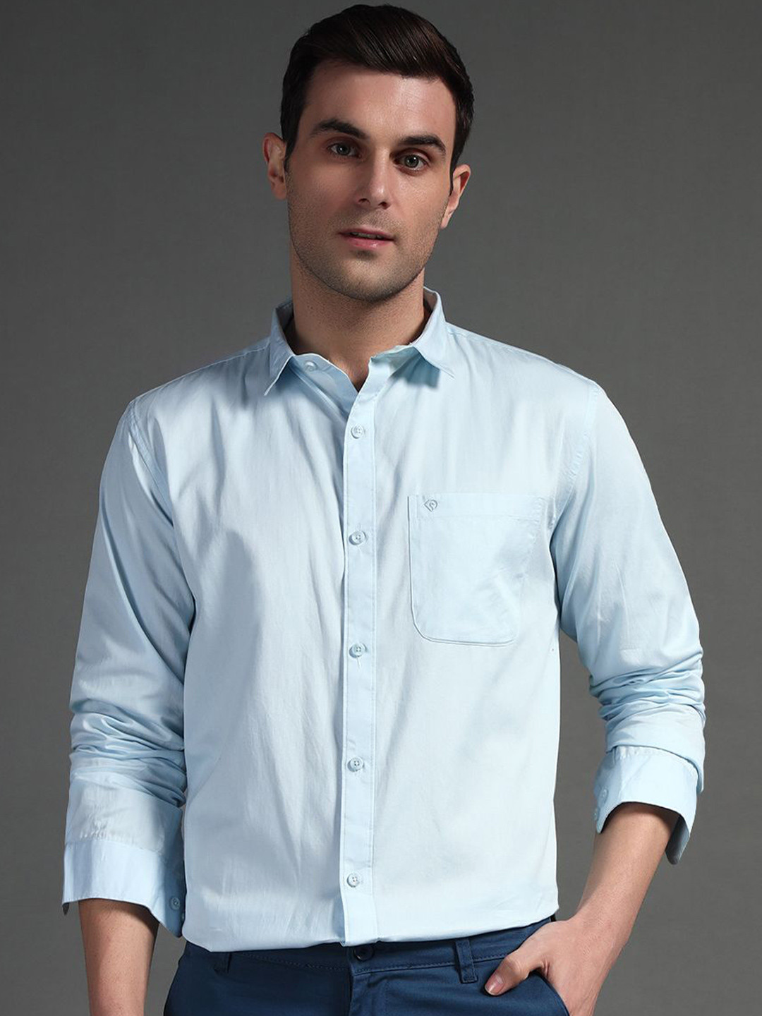 

SUI DHAGA Men India Slim Fit Spread Collar Solid Cotton Formal Shirt, Blue