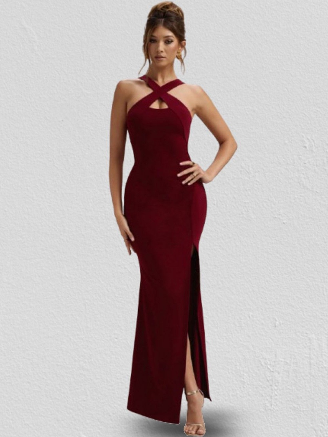 

Moda Rapido Women Halter Neck Side Slits Bodycon Maxi Dress, Burgundy