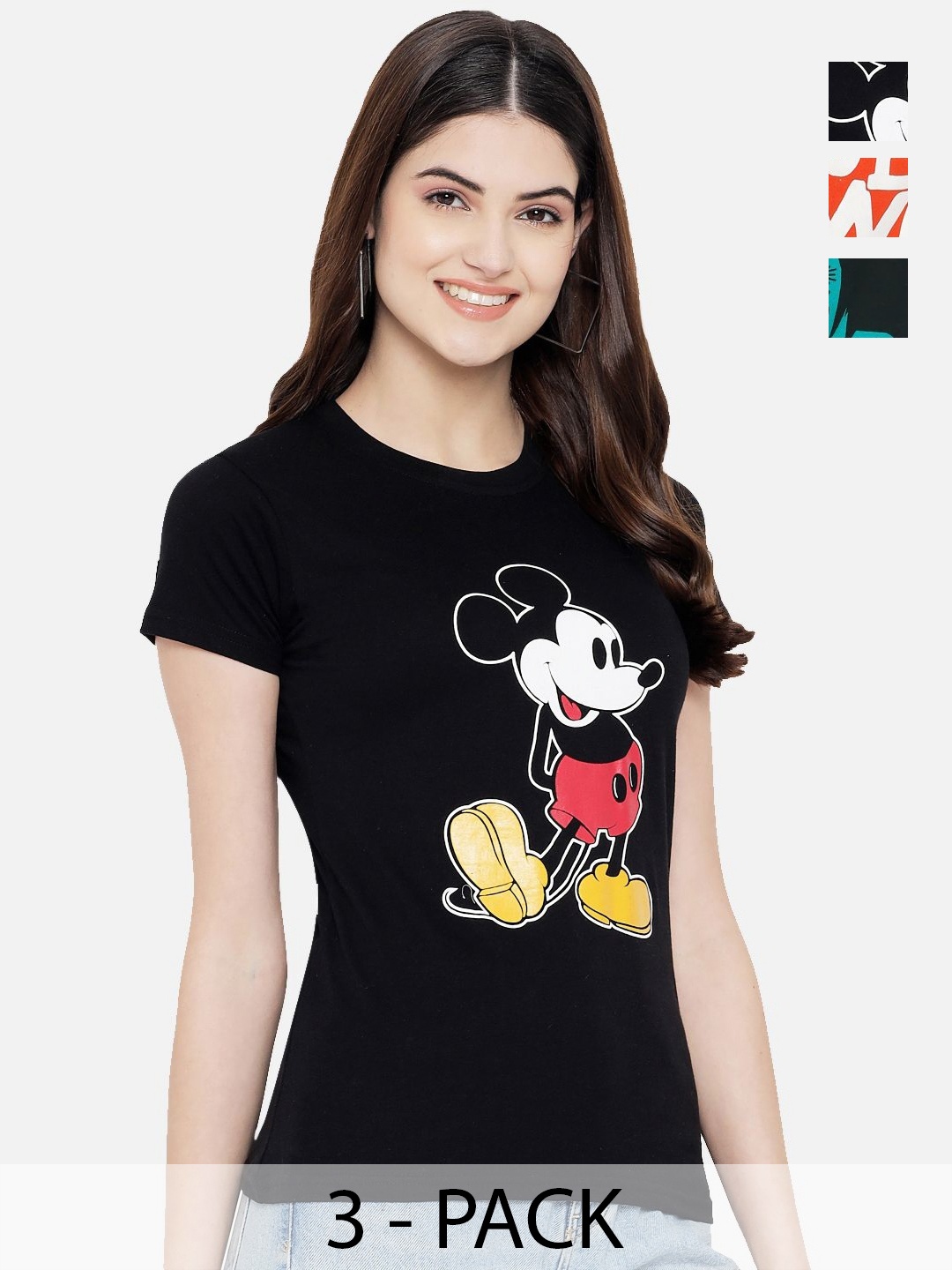 

Dreambe Women Pack Of 3 Mickey Mouse Graphic Printed Round Neck Cotton T-shirts, Black