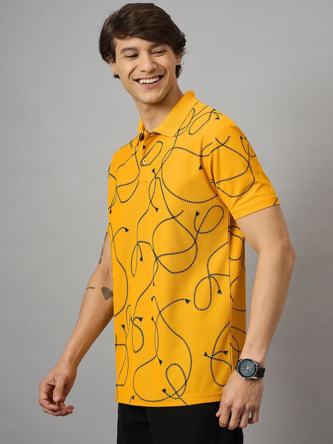 

BRONATION Men Abstract Printed Polo Collar Cotton T-shirt, Mustard