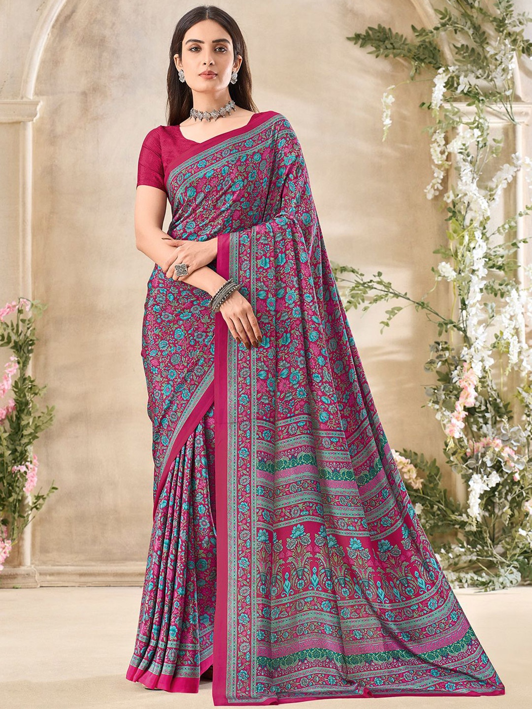 

LeeliPeeri Designer Floral Poly Crepe Saree, Pink