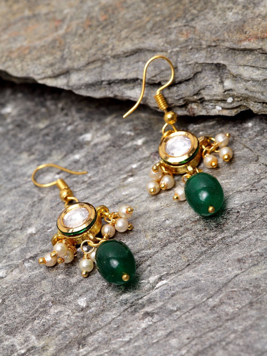 

DUGRISTYLE Gold-Plated Kundan Studded Contemporary Shaped Drop Earrings, Green