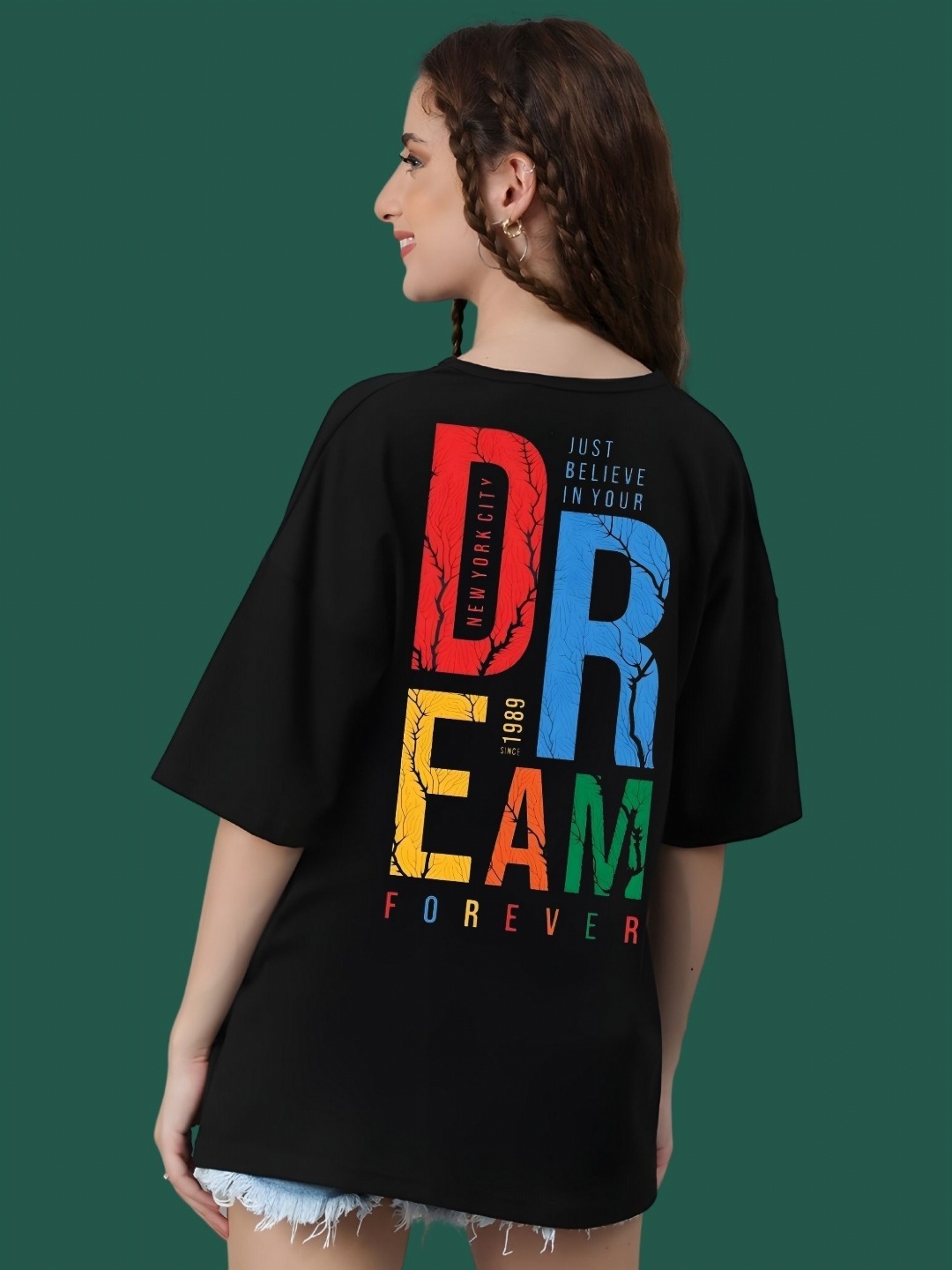 

DressBerry Women Typography Printed Round Neck Cotton Oversized T-shirt, Black