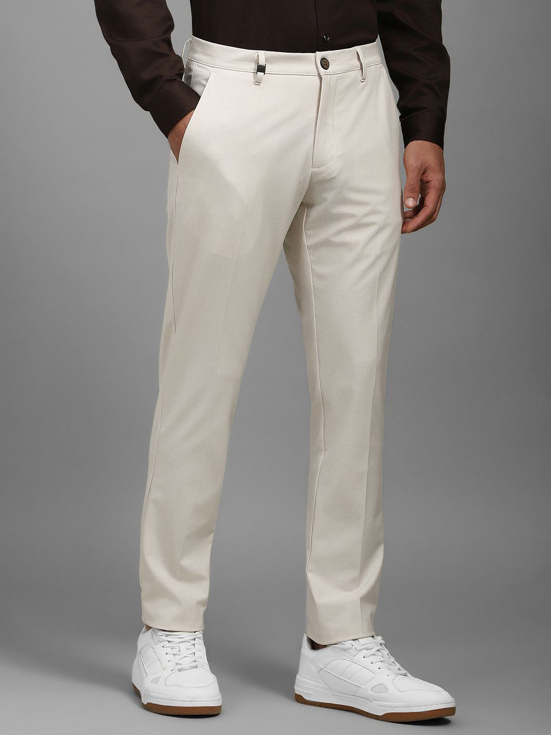 

Louis Philippe Men Slim Fit Mid-Rise Flat-Front Regular Trousers, Beige