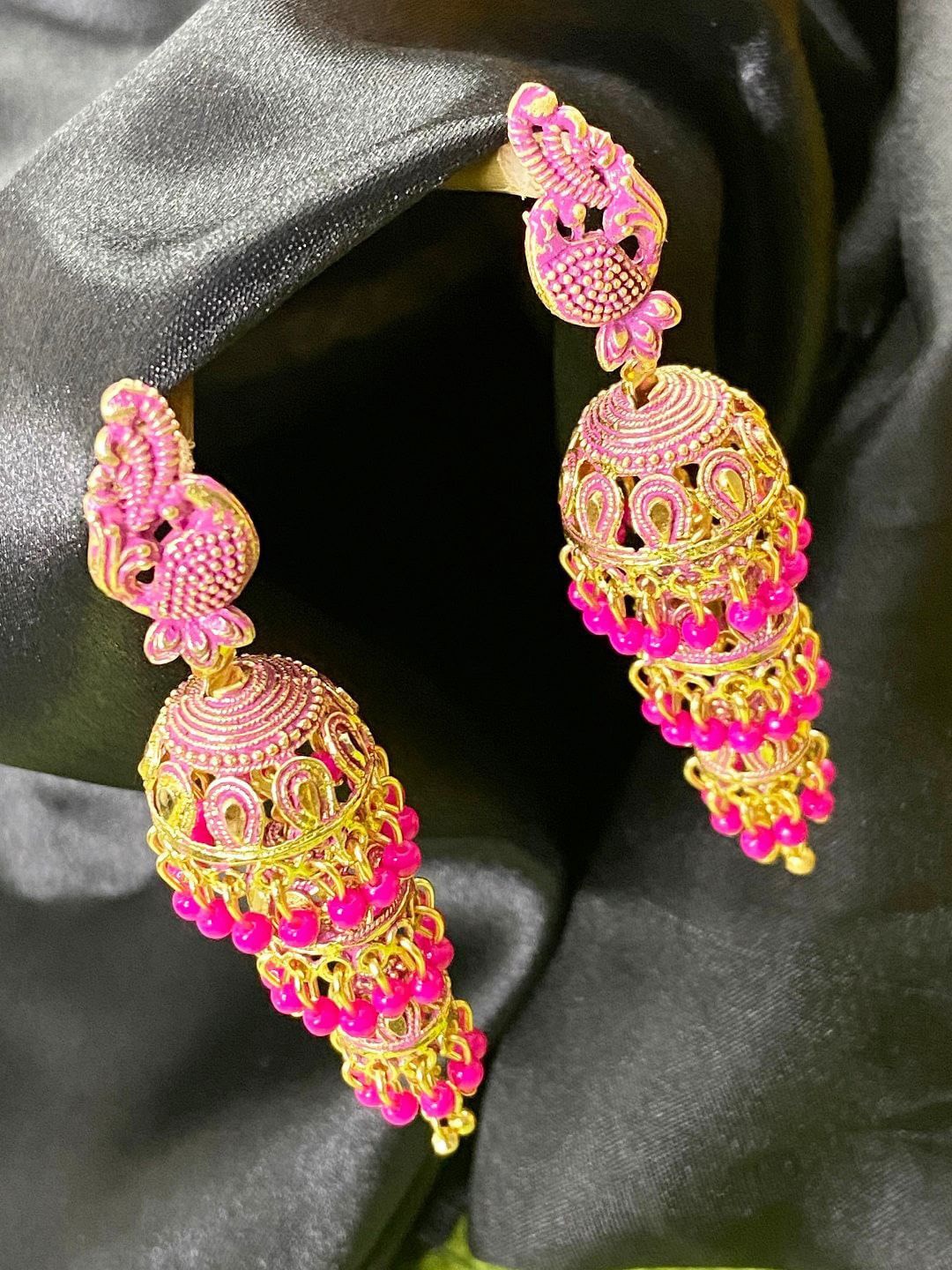 

Anouk Gold-Plated Artificial Beaded Dome Shaped Jhumkas, Pink