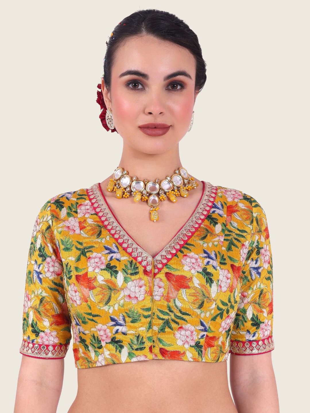 

Studio Shringaar Printed Gotta Patti Embroidered Padded Saree Blouse, Yellow