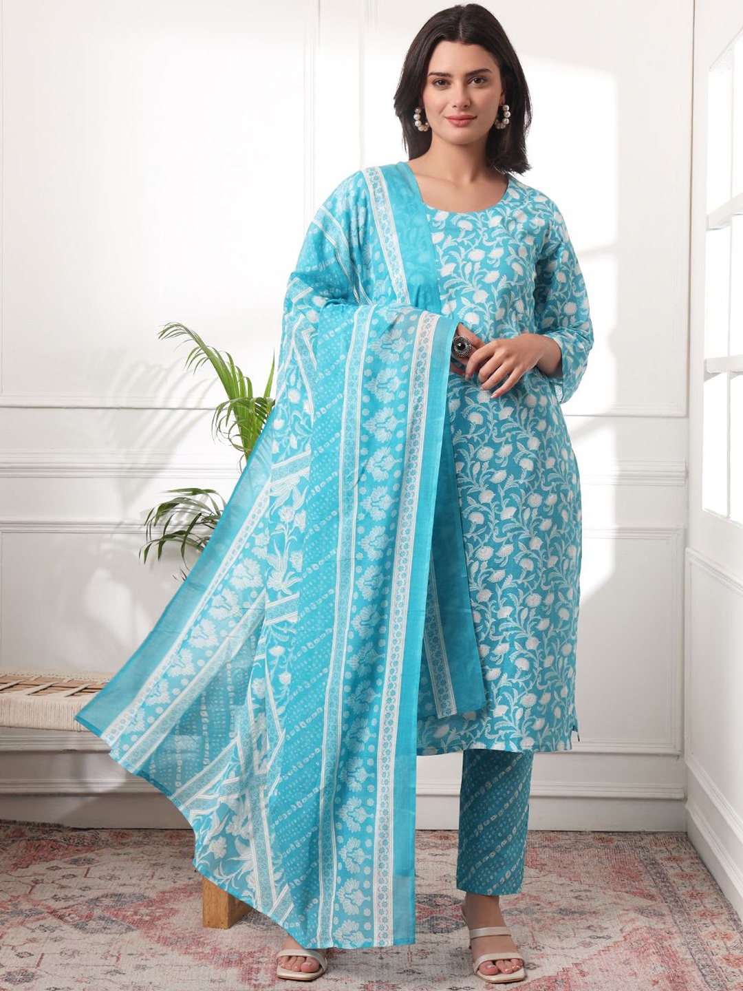

KALINI Floral Printed Pure Cotton Round Neck Straight Kurta With Trousers And Dupatta, Turquoise blue