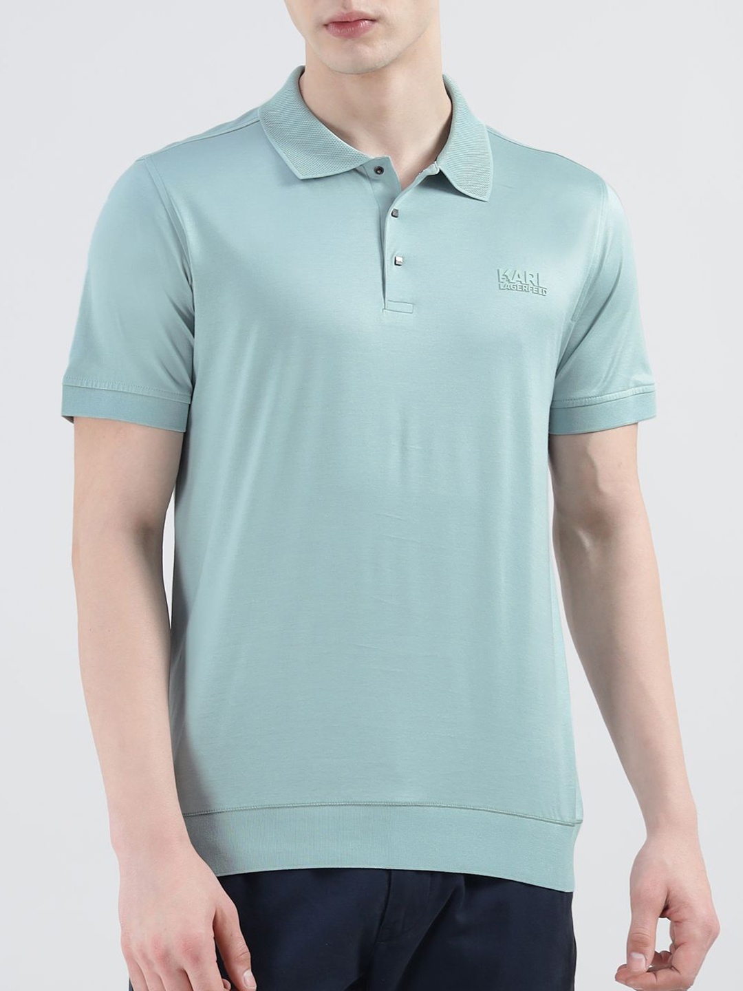 

Karl Lagerfeld Men Solid Polo Collar Cotton T-shirt, Sea green