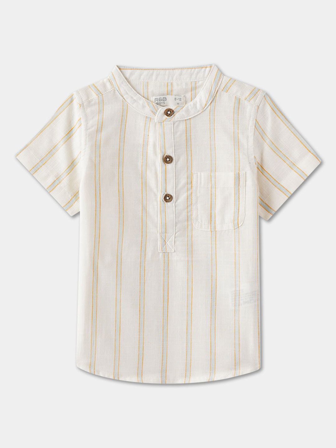 

R&B Boys Band Collar Vertical Striped Cotton Casual Shirt, Off white