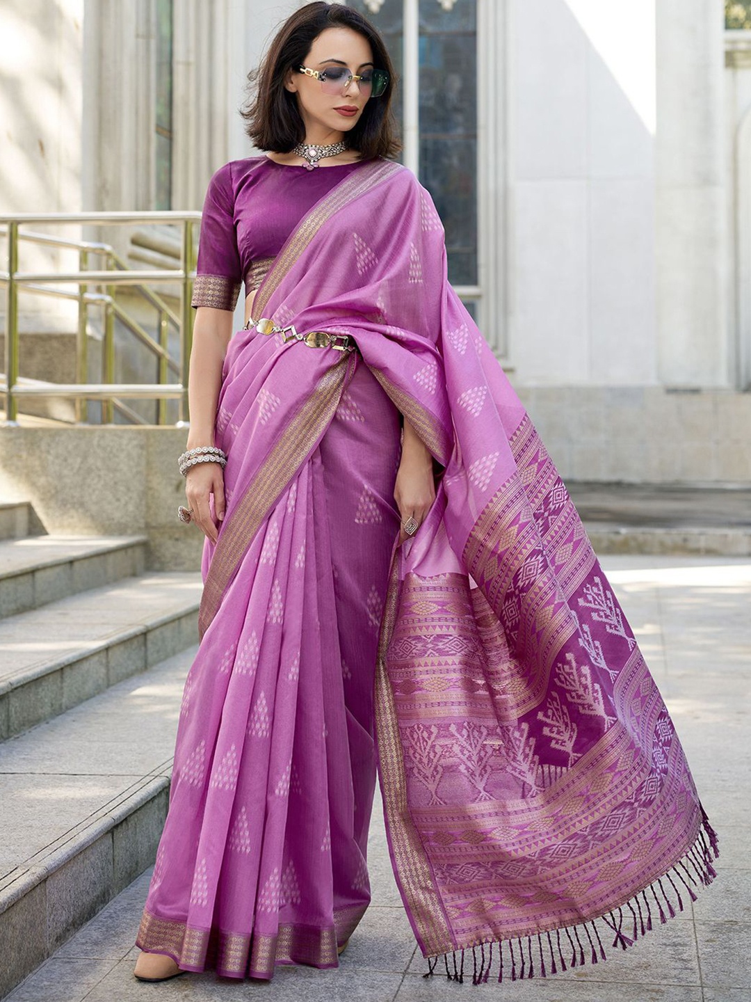 

Satrani Zari Silk Blend Ikat Saree, Purple