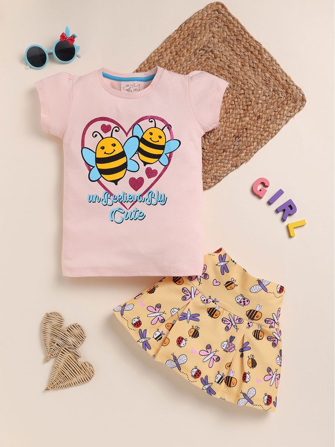 

YK Girls Printed Round Neck T-Shirt With Skirt, Pink