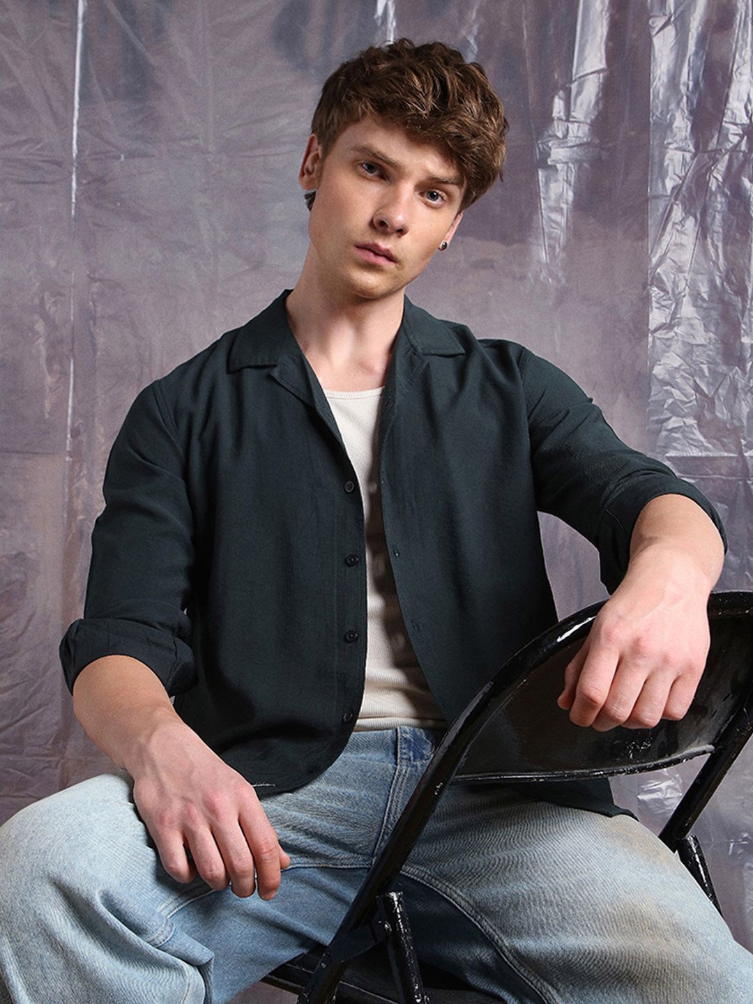 

Hubberholme Men Comfort Fit Cuban Collar Textured Casual Shirt, Olive