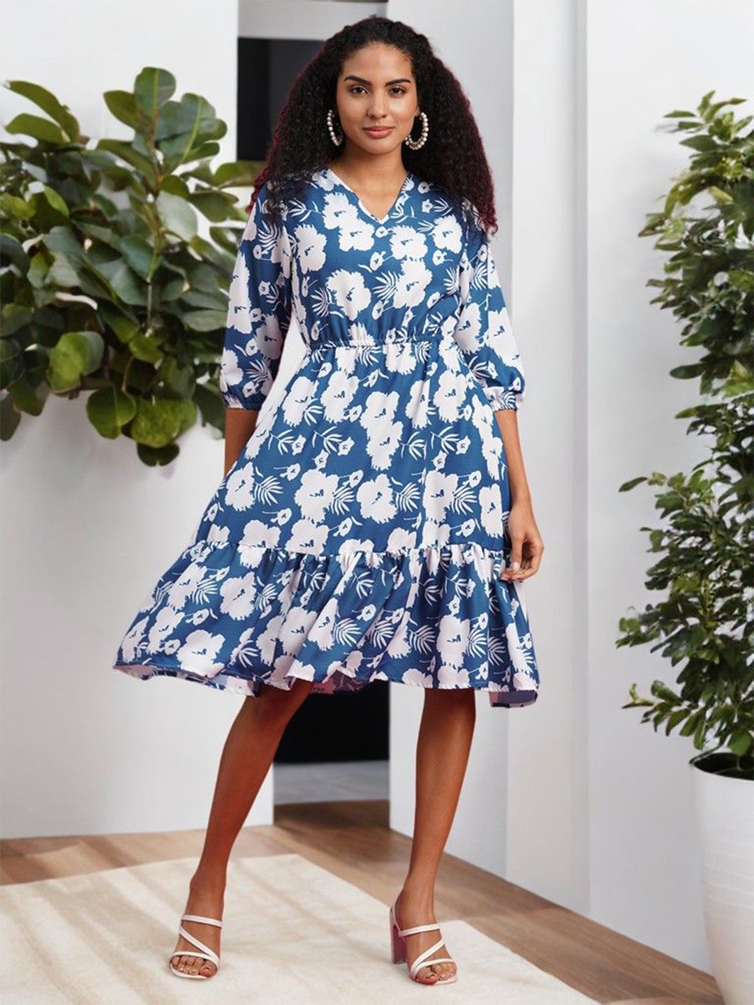 

ANJIR Women Floral Printed Fit & Flare Dress, Blue