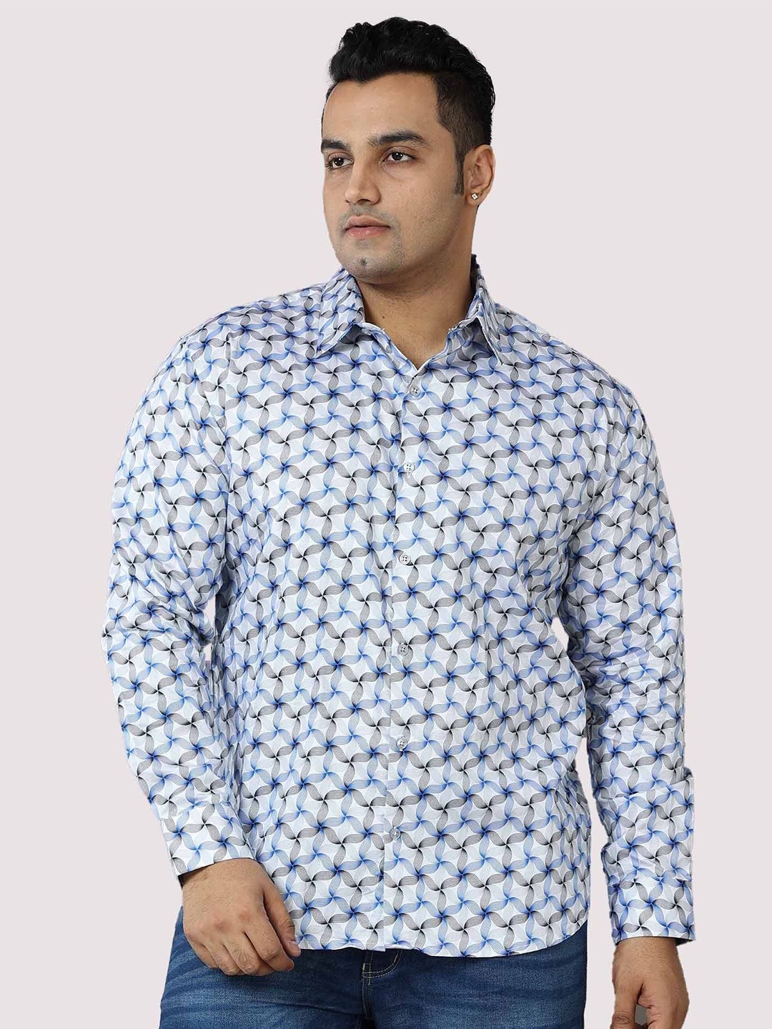 

Guniaa Men Plus Size Classic Fit Spread Collar Floral Printed Cotton Casual Shirt, White