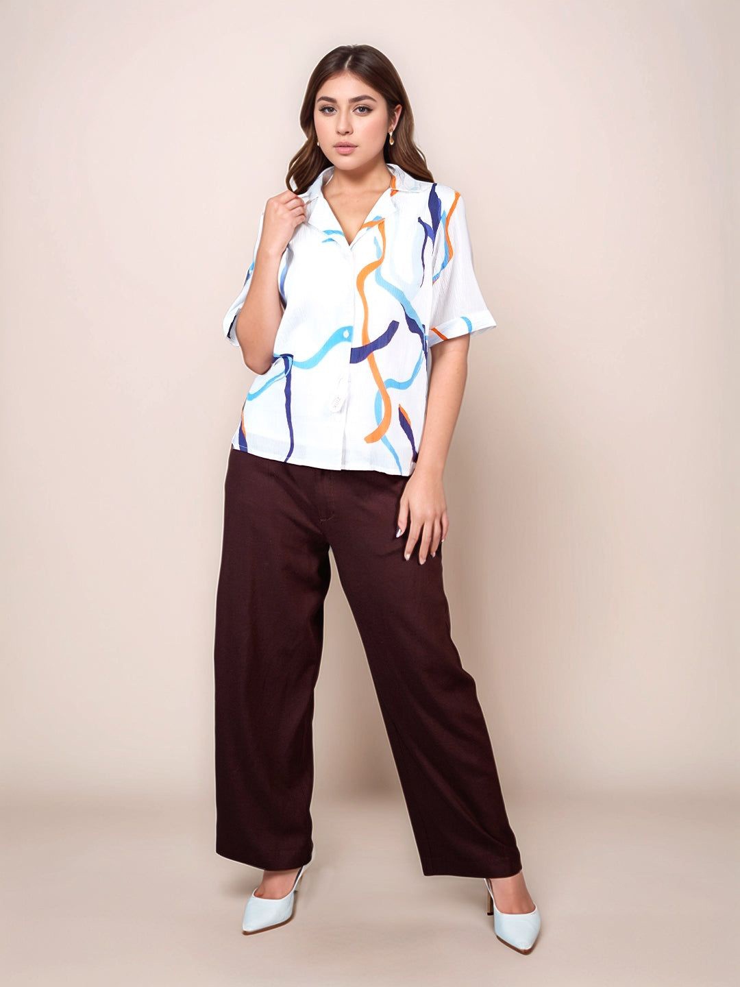 

Zink London Women White Abstract Print Half Sleeves Shirt