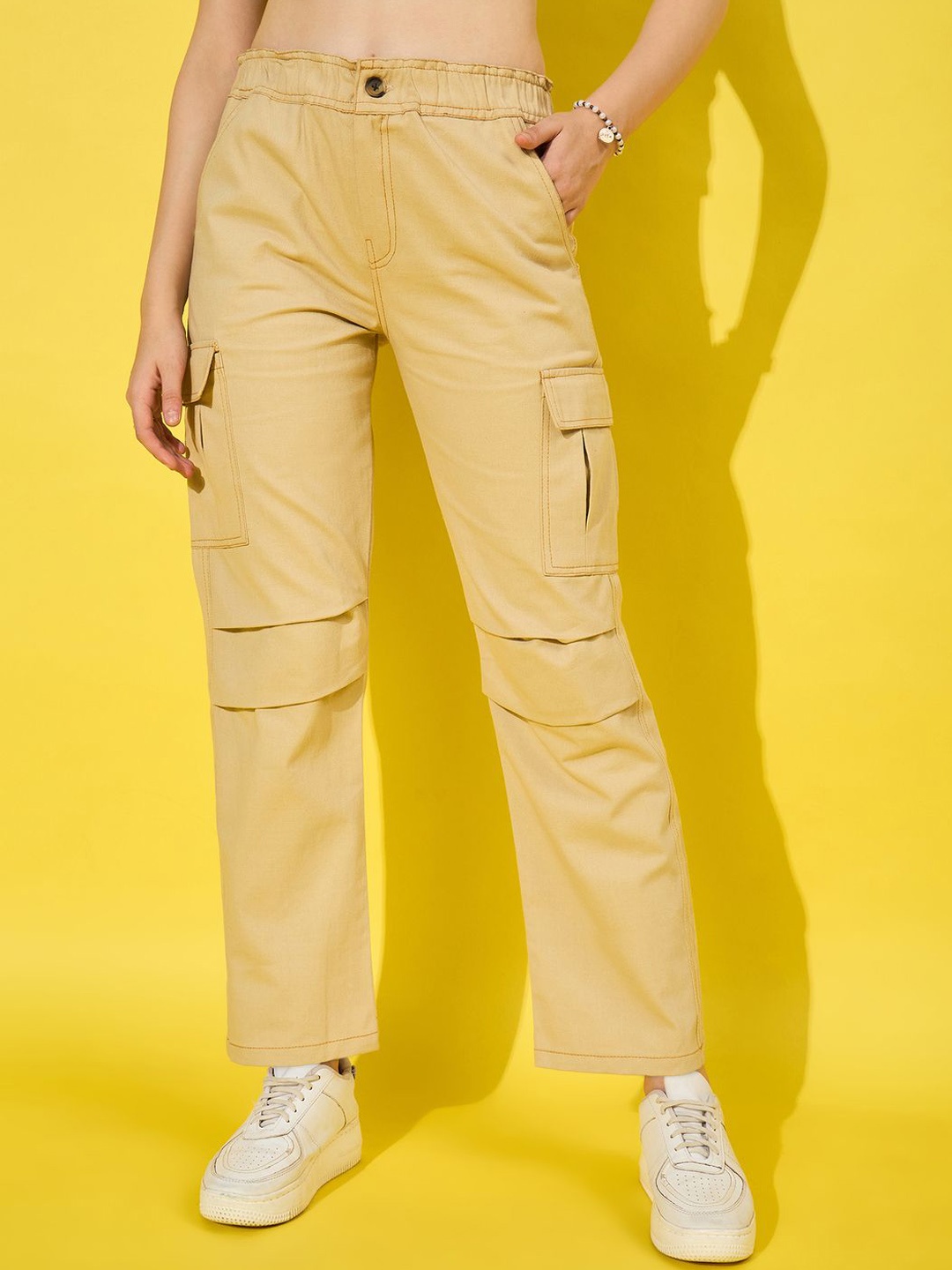 

BUY NEW TREND Women Relaxed High-Rise Cargos Trousers, Beige