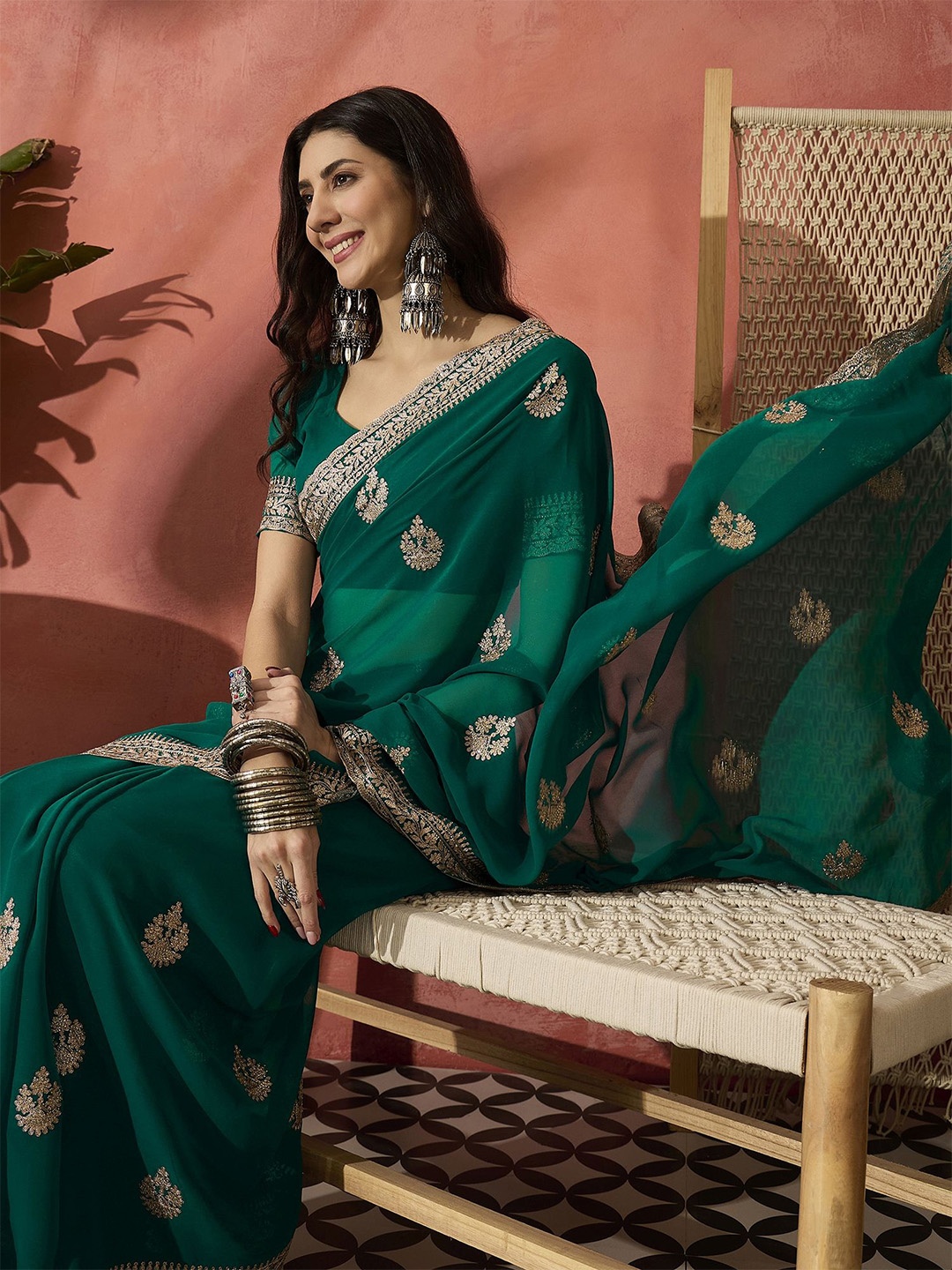 

Sangria Ethnic Motifs Embroidered Saree, Green