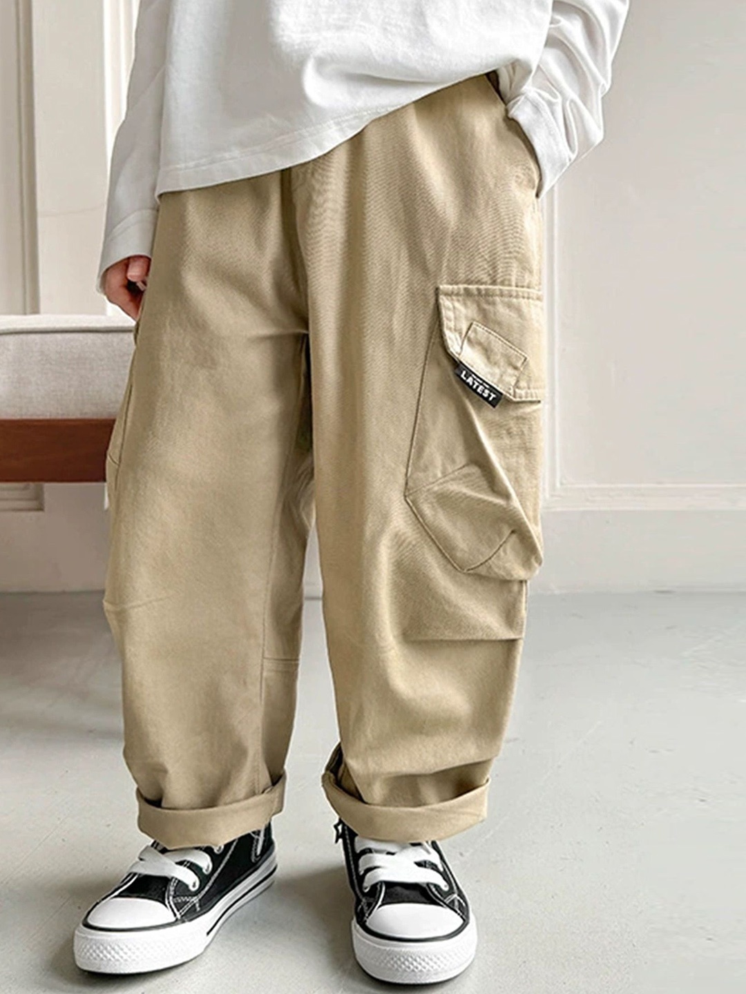 

LULU & SKY Boys Loose Fit High-Rise Cotton Cargo Trousers, Khaki
