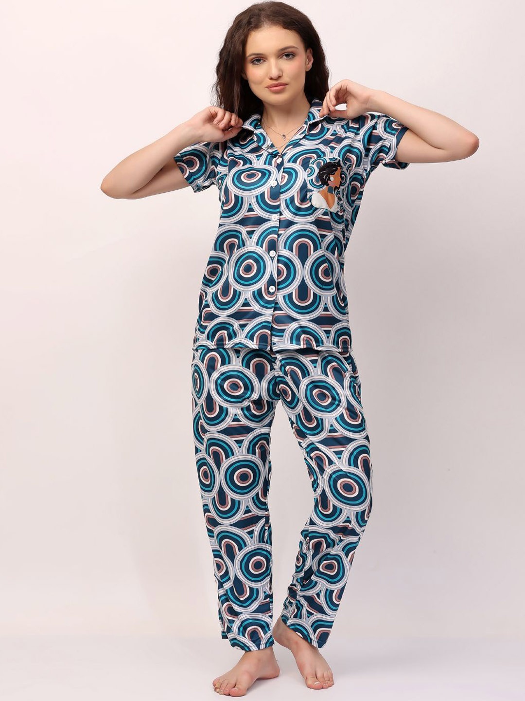 

CHUI MUI Women Printed Night suit, Turquoise blue