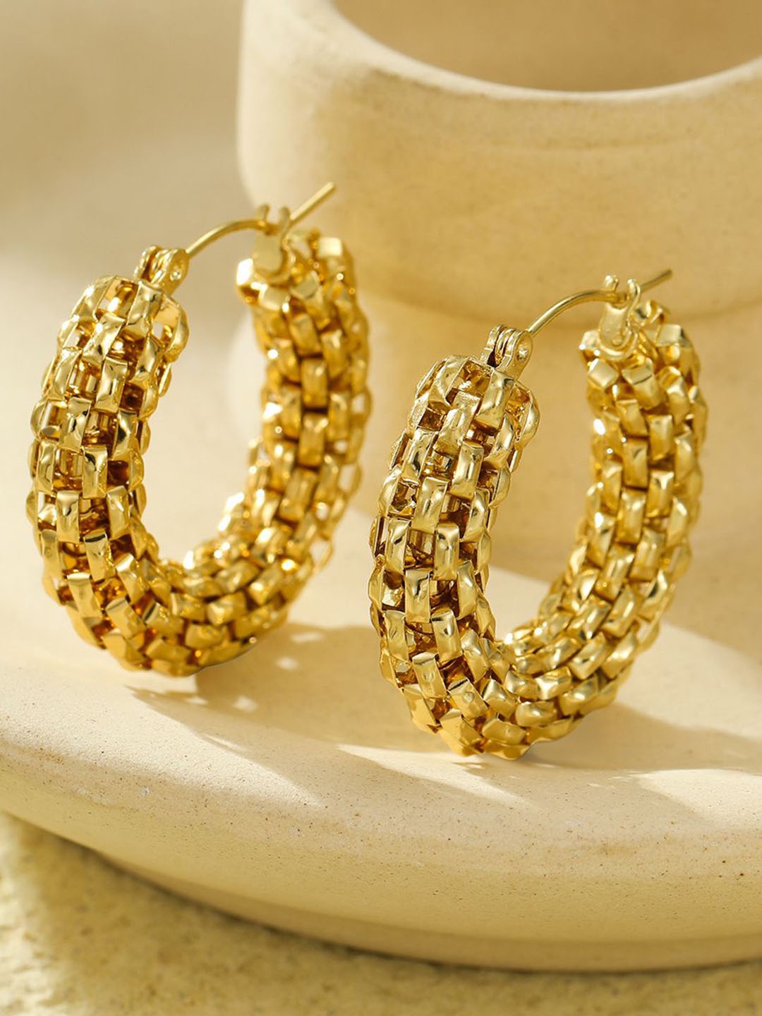 

MEENAZ Stainless Steel Gold-Plated Circular Shaped Anti Tarnish Bali Hoop Earrings