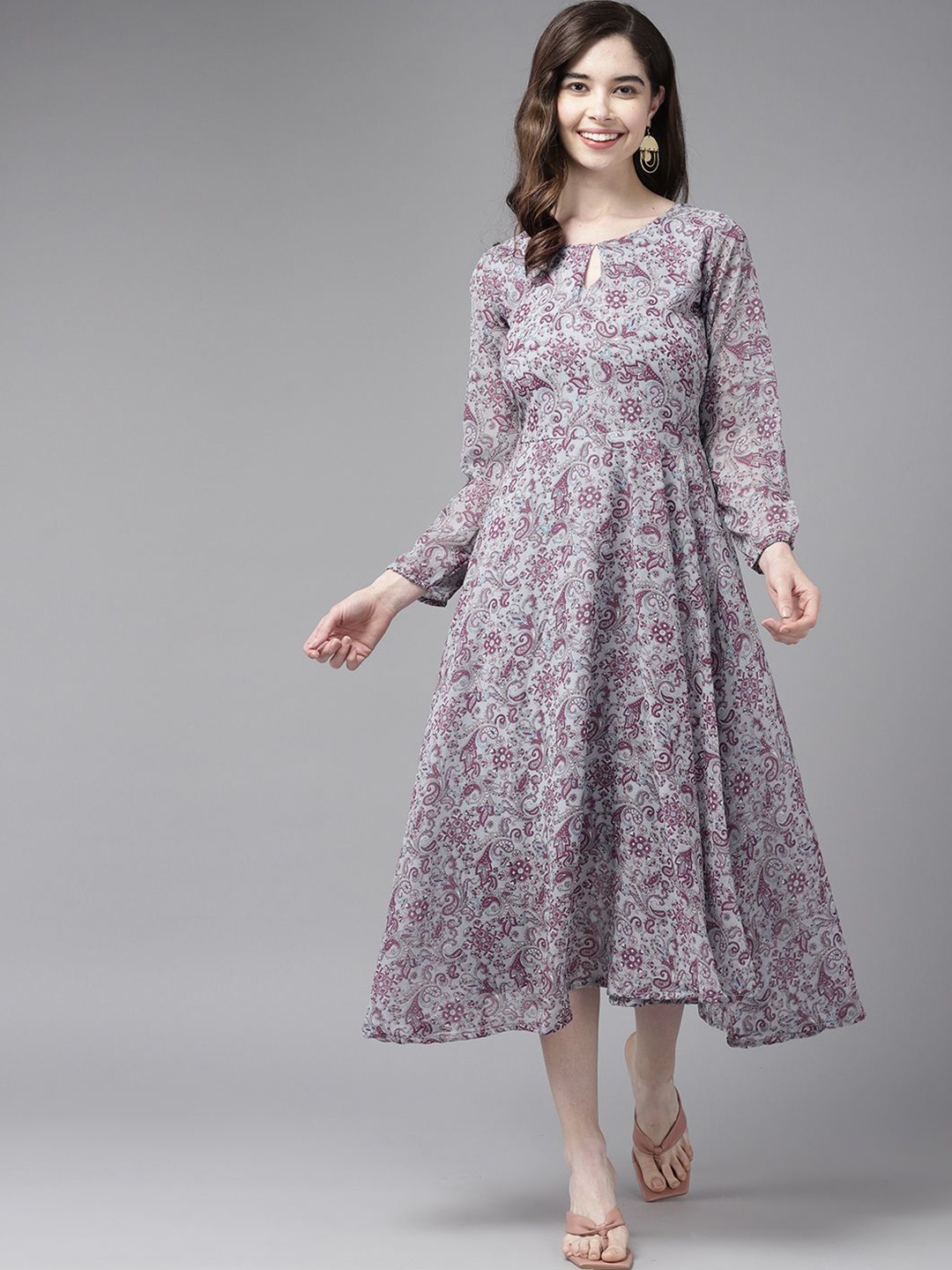 

CORSICA Floral Print Georgette A-Line Midi Dress, Grey